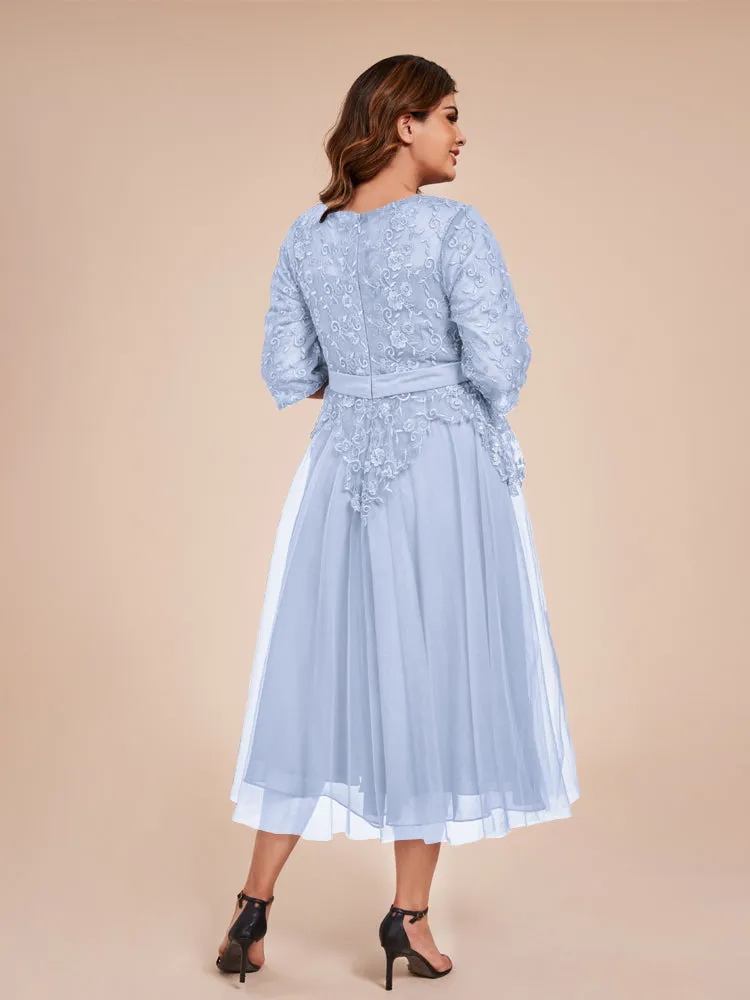Lace Bodice 3/4 Length Sleeves Tea-Length Chiffon Mother Of The Bride Dress With Belt