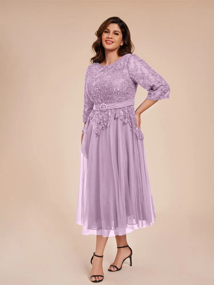 Lace Bodice 3/4 Length Sleeves Tea-Length Chiffon Mother Of The Bride Dress With Belt