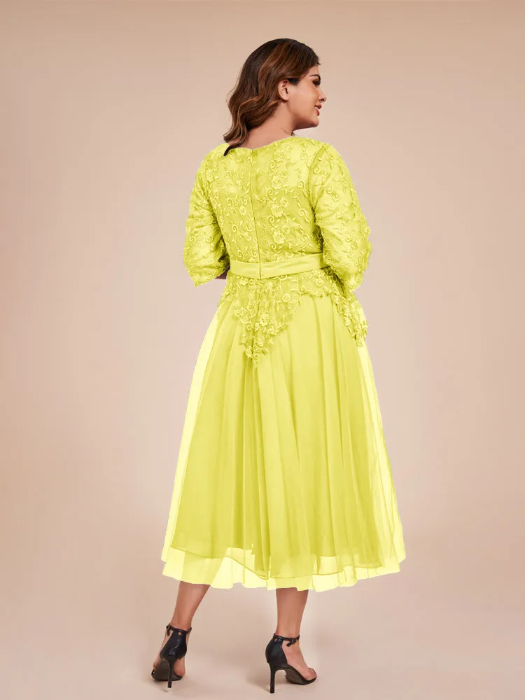 Lace Bodice 3/4 Length Sleeves Tea-Length Chiffon Mother Of The Bride Dress With Belt