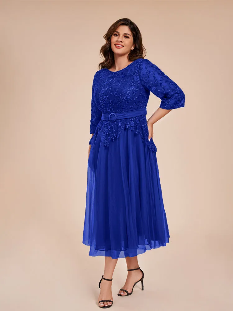 Lace Bodice 3/4 Length Sleeves Tea-Length Chiffon Mother Of The Bride Dress With Belt