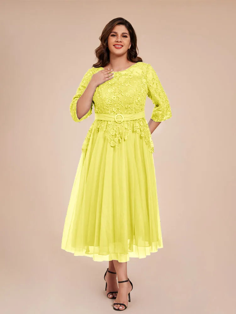Lace Bodice 3/4 Length Sleeves Tea-Length Chiffon Mother Of The Bride Dress With Belt