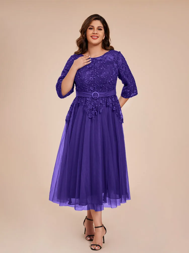 Lace Bodice 3/4 Length Sleeves Tea-Length Chiffon Mother Of The Bride Dress With Belt