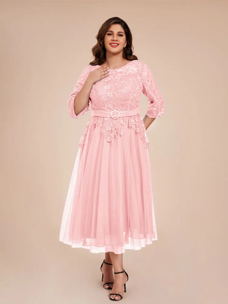 Lace Bodice 3/4 Length Sleeves Tea-Length Chiffon Mother Of The Bride Dress With Belt