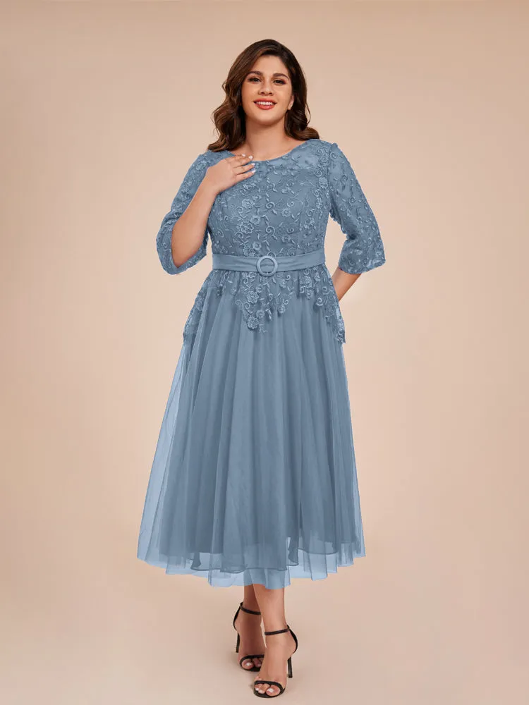 Lace Bodice 3/4 Length Sleeves Tea-Length Chiffon Mother Of The Bride Dress With Belt