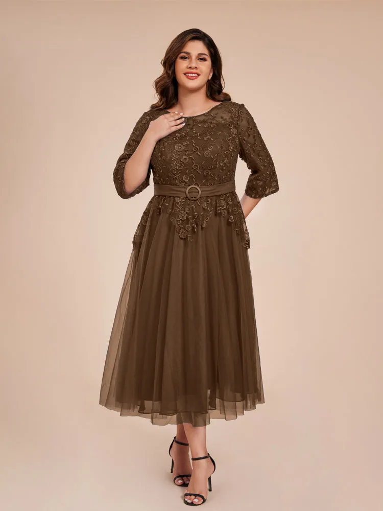Lace Bodice 3/4 Length Sleeves Tea-Length Chiffon Mother Of The Bride Dress With Belt