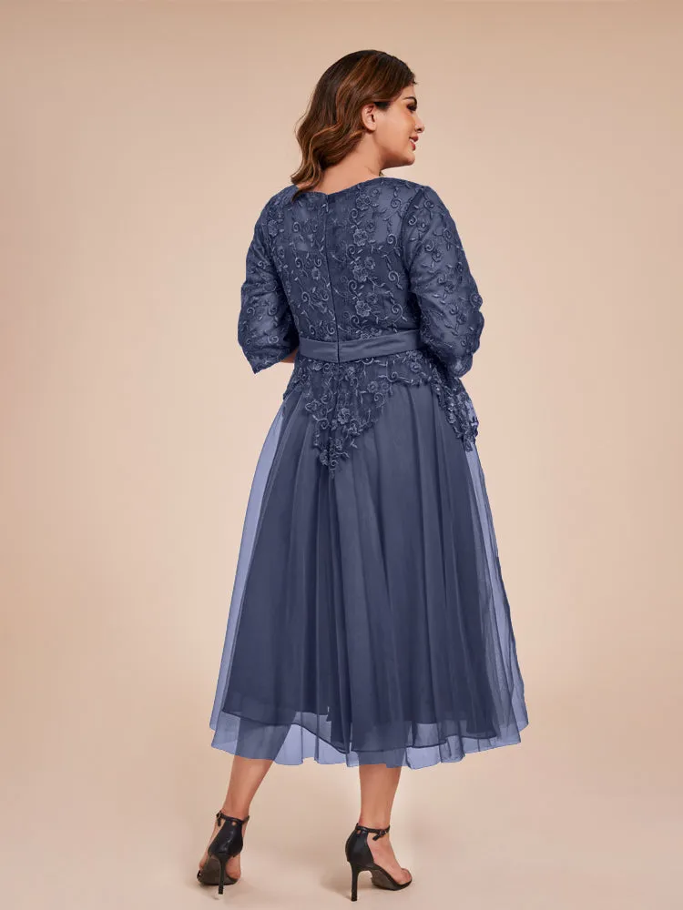 Lace Bodice 3/4 Length Sleeves Tea-Length Chiffon Mother Of The Bride Dress With Belt