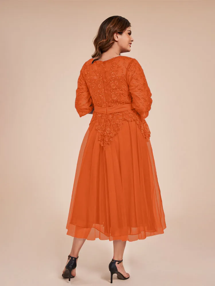Lace Bodice 3/4 Length Sleeves Tea-Length Chiffon Mother Of The Bride Dress With Belt