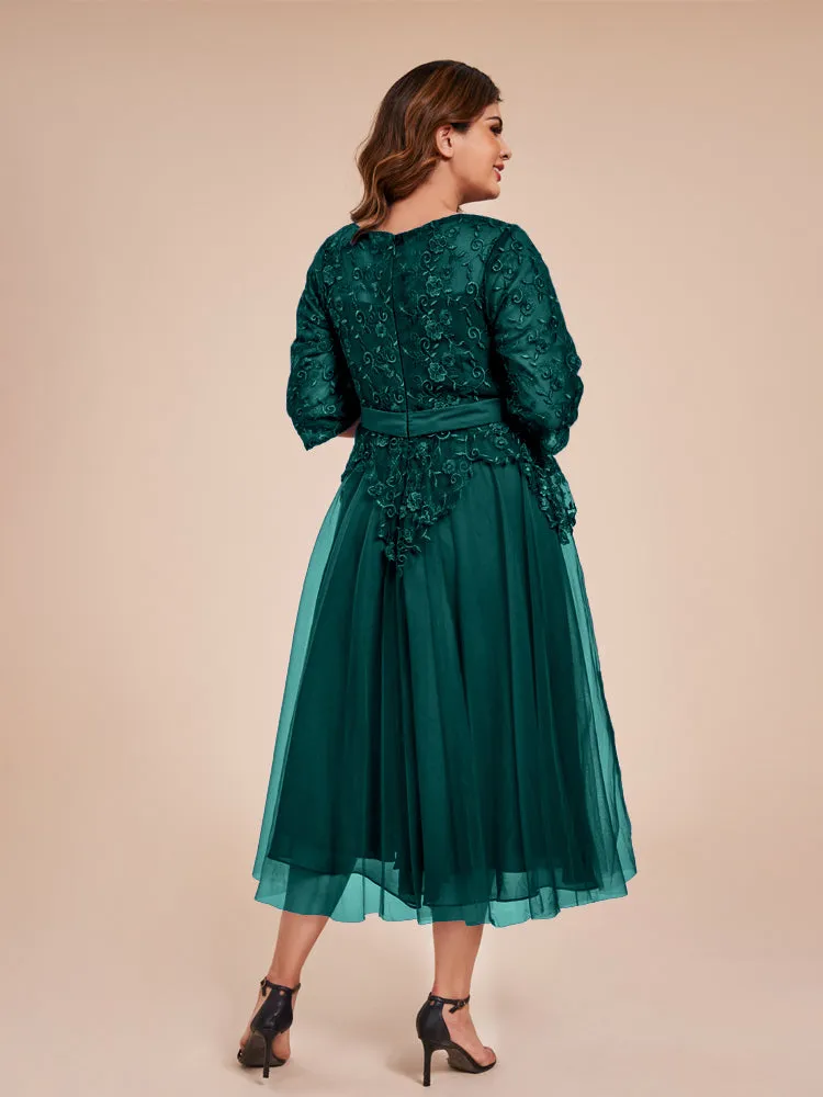 Lace Bodice 3/4 Length Sleeves Tea-Length Chiffon Mother Of The Bride Dress With Belt