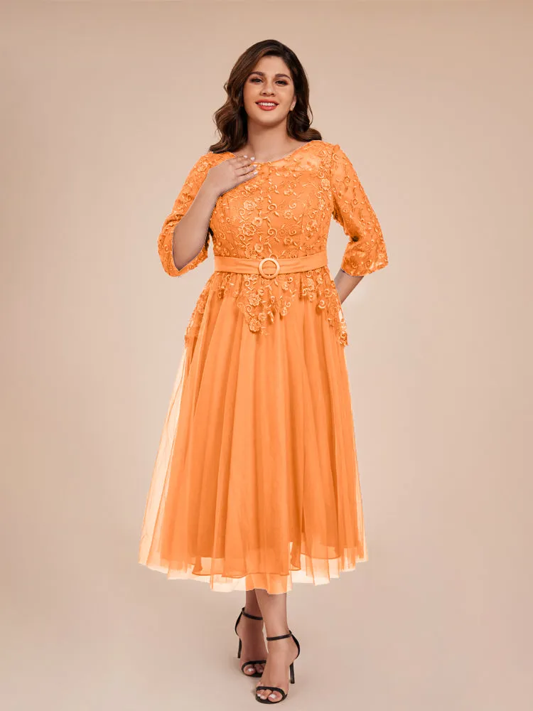 Lace Bodice 3/4 Length Sleeves Tea-Length Chiffon Mother Of The Bride Dress With Belt