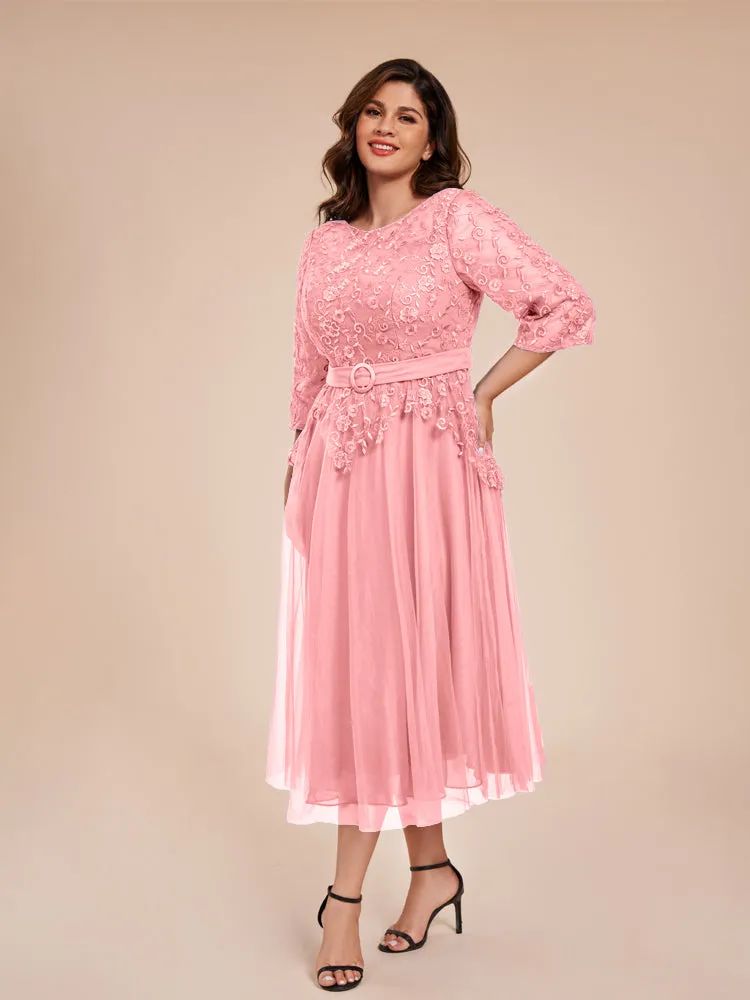 Lace Bodice 3/4 Length Sleeves Tea-Length Chiffon Mother Of The Bride Dress With Belt