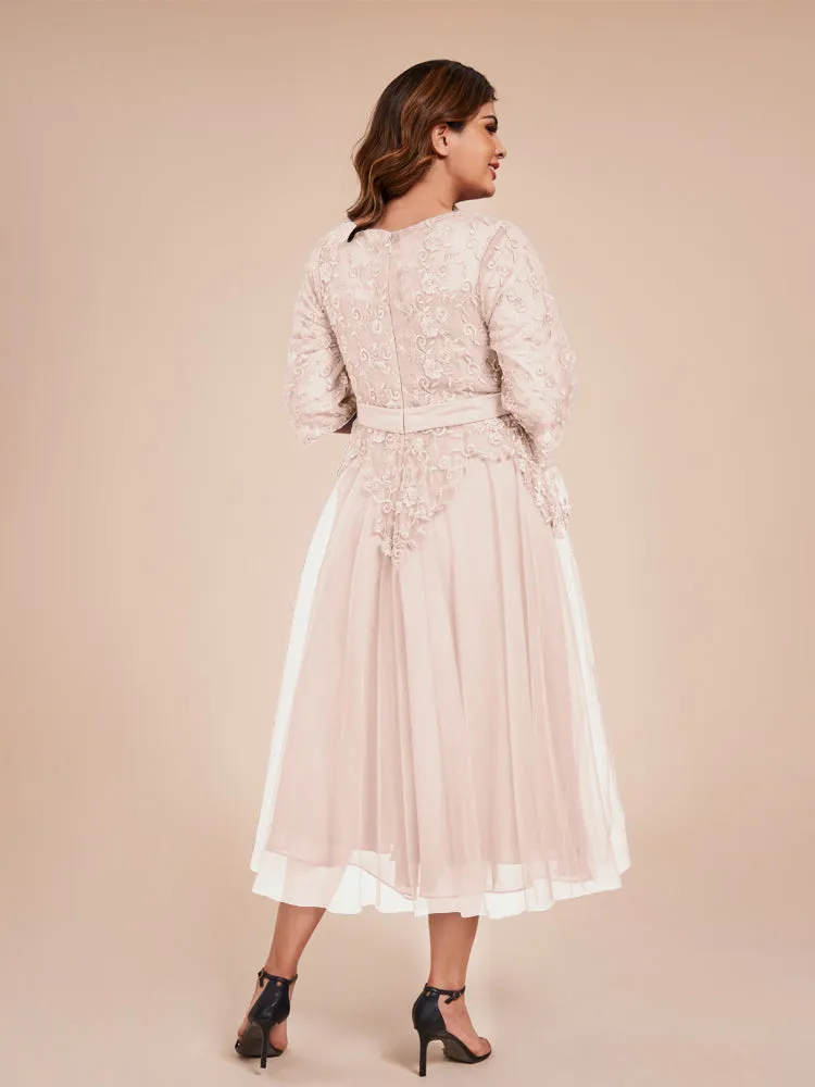 Lace Bodice 3/4 Length Sleeves Tea-Length Chiffon Mother Of The Bride Dress With Belt