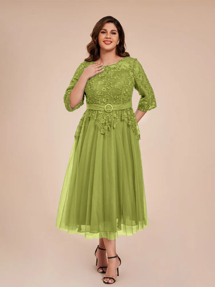 Lace Bodice 3/4 Length Sleeves Tea-Length Chiffon Mother Of The Bride Dress With Belt