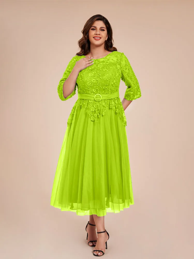 Lace Bodice 3/4 Length Sleeves Tea-Length Chiffon Mother Of The Bride Dress With Belt