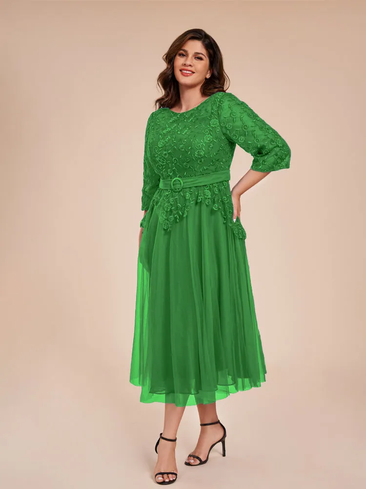 Lace Bodice 3/4 Length Sleeves Tea-Length Chiffon Mother Of The Bride Dress With Belt