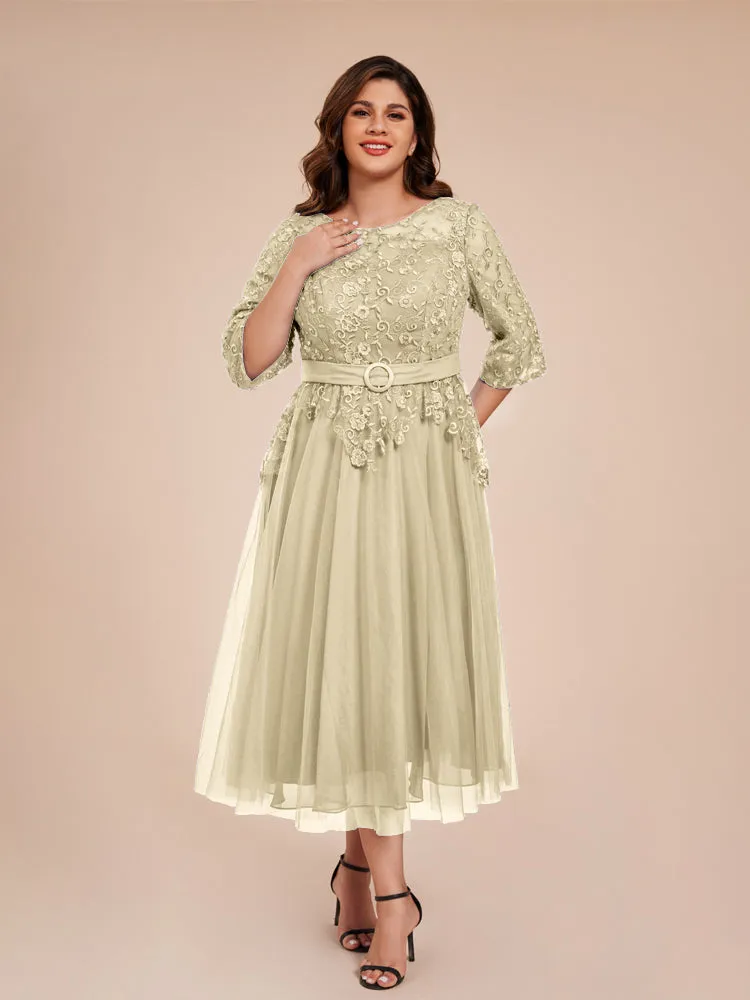Lace Bodice 3/4 Length Sleeves Tea-Length Chiffon Mother Of The Bride Dress With Belt
