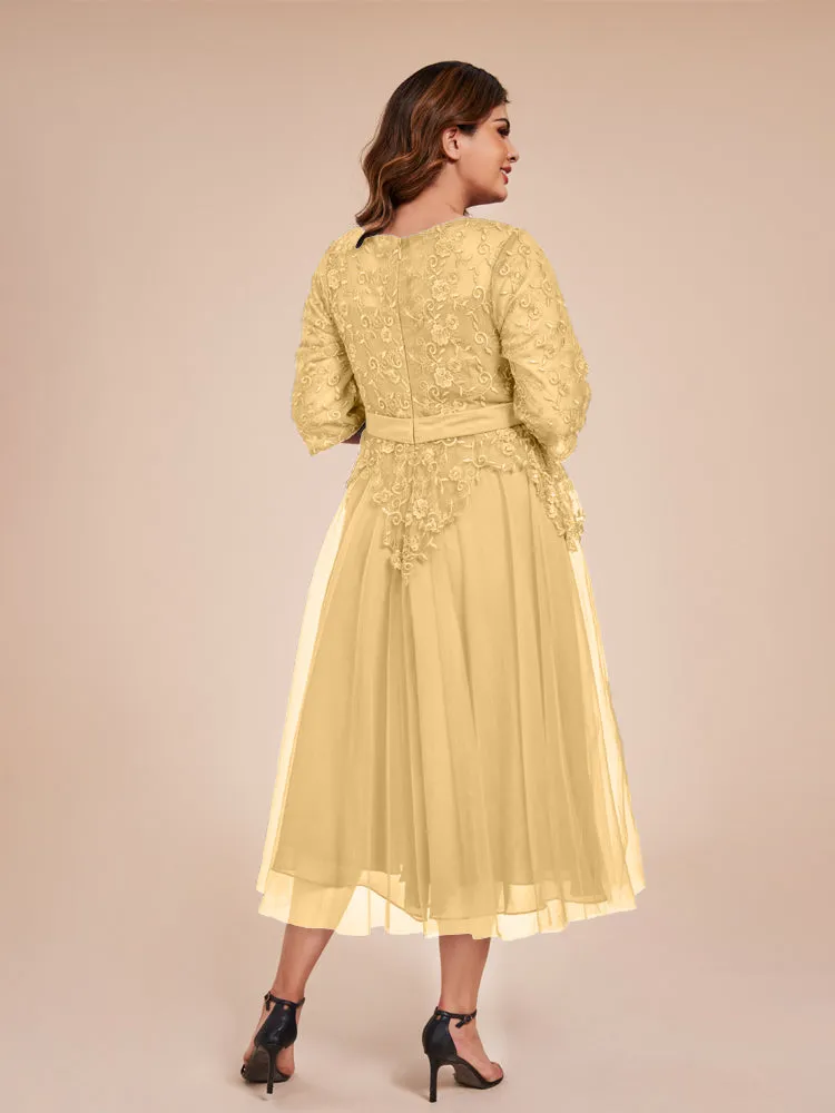 Lace Bodice 3/4 Length Sleeves Tea-Length Chiffon Mother Of The Bride Dress With Belt