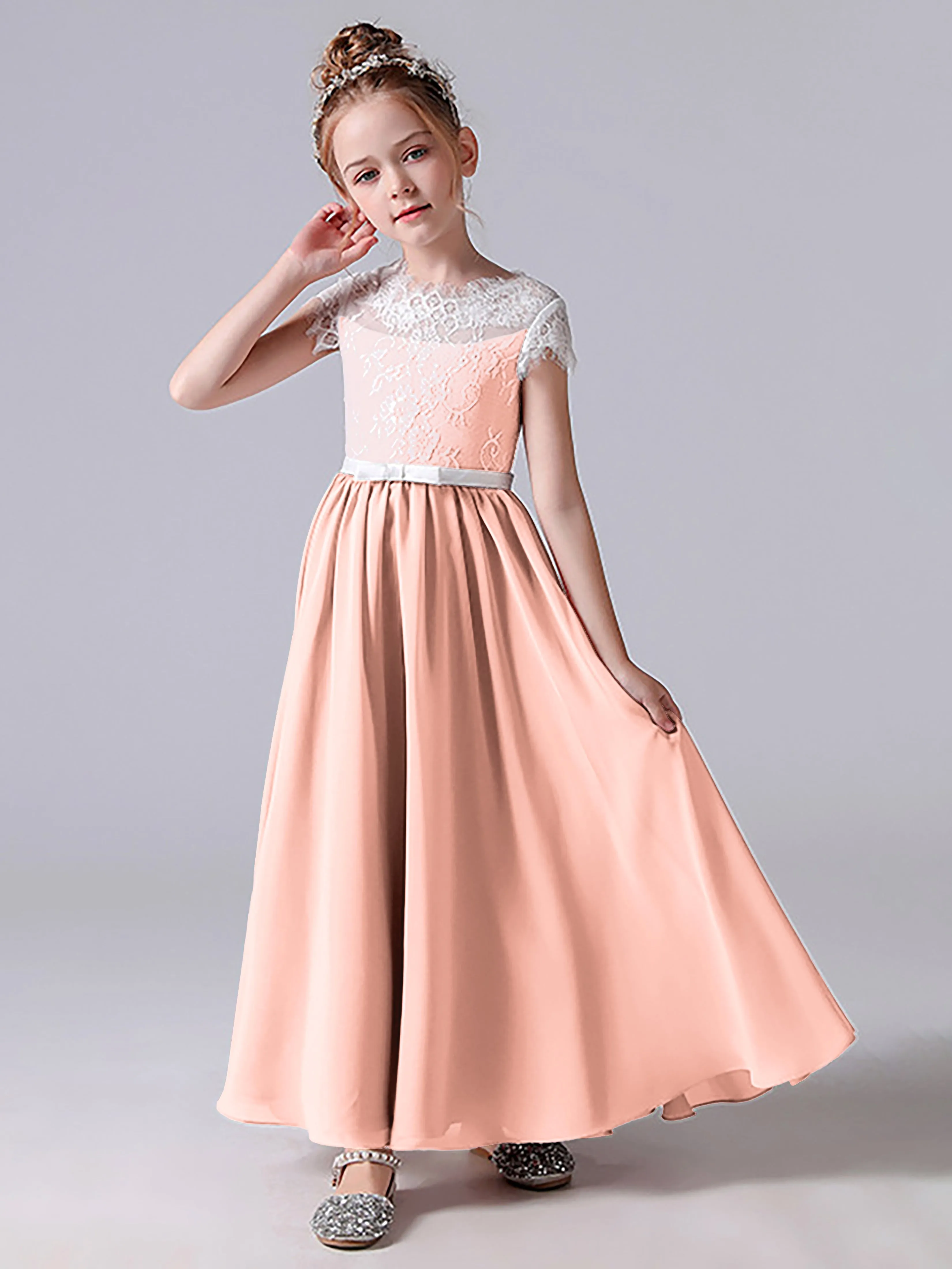Lace Scoop Junior Bridesmaid Dress with Sleeves