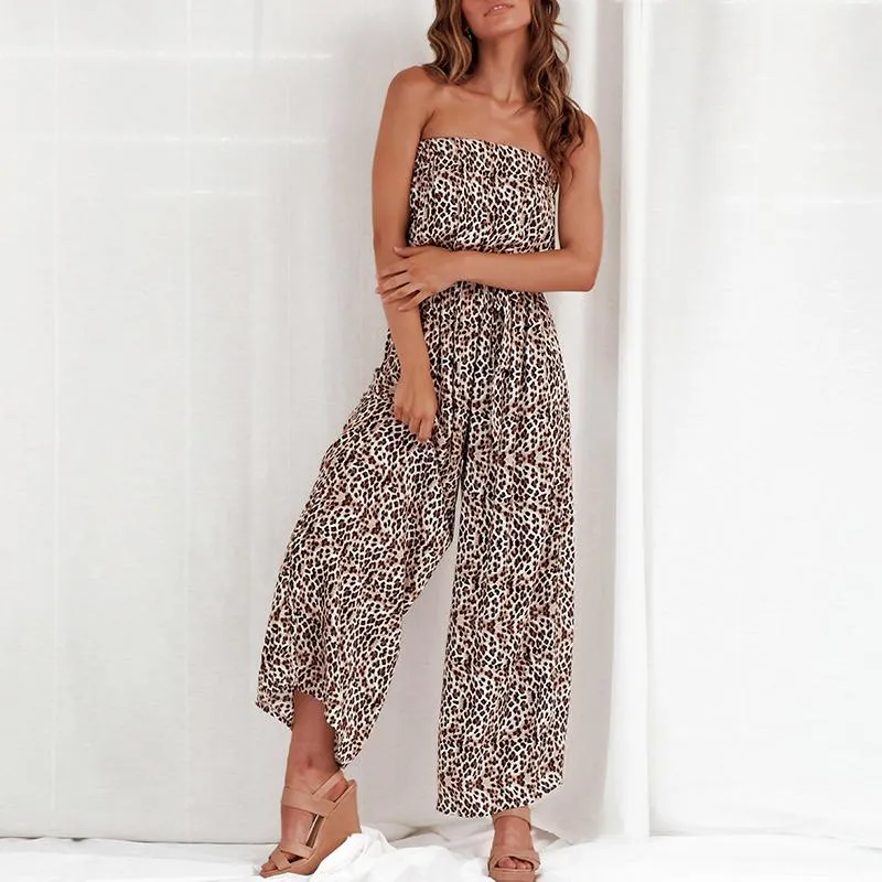 Off shoulder Jumpsuit Elegant Sashes Long Summer Rompers solid leopard print