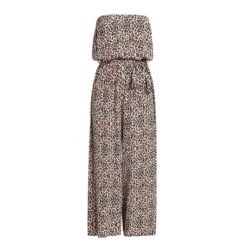 Off shoulder Jumpsuit Elegant Sashes Long Summer Rompers solid leopard print