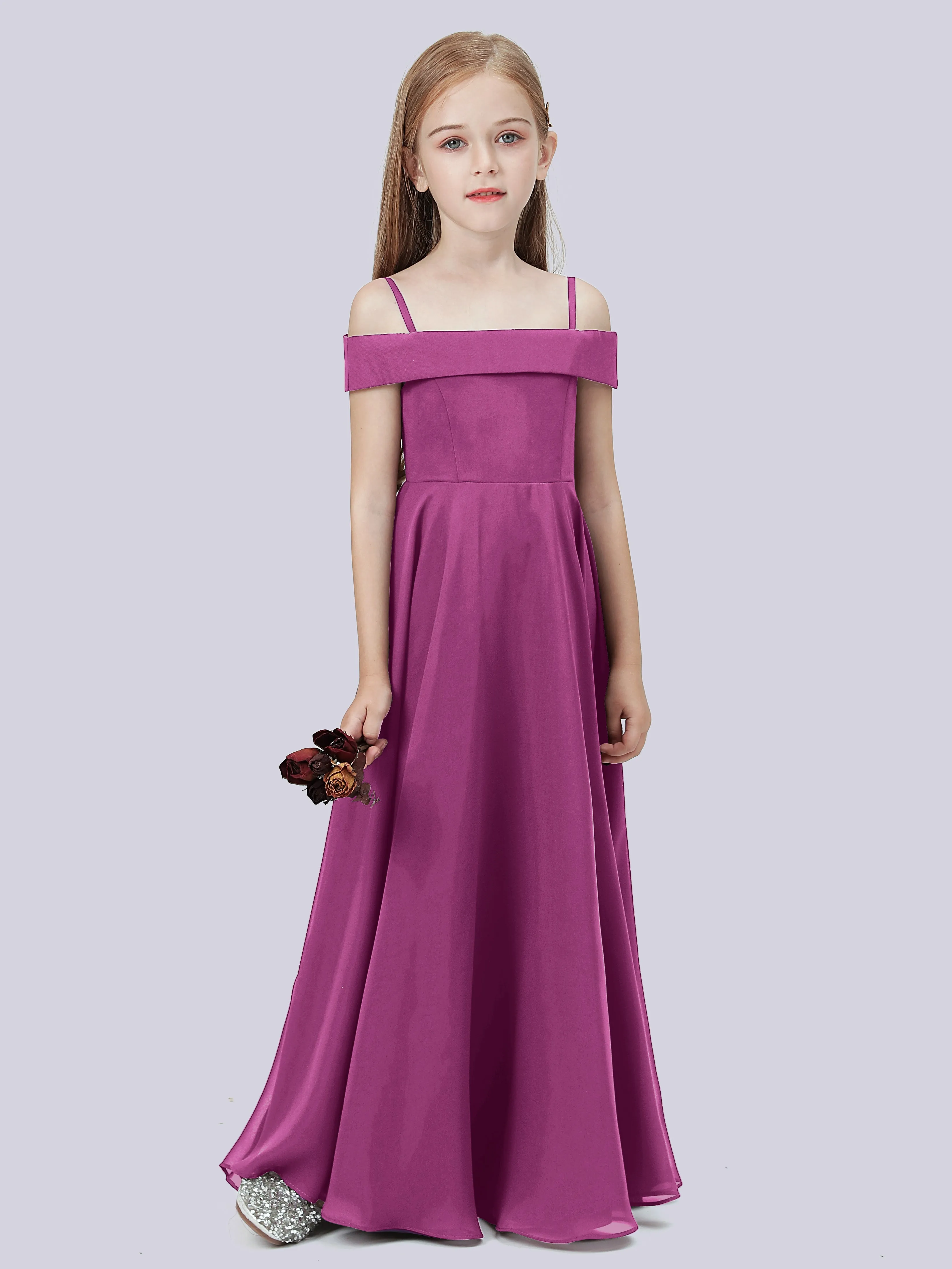 Off Shoulder Stretch Chiffon Junior Bridesmaid Dress