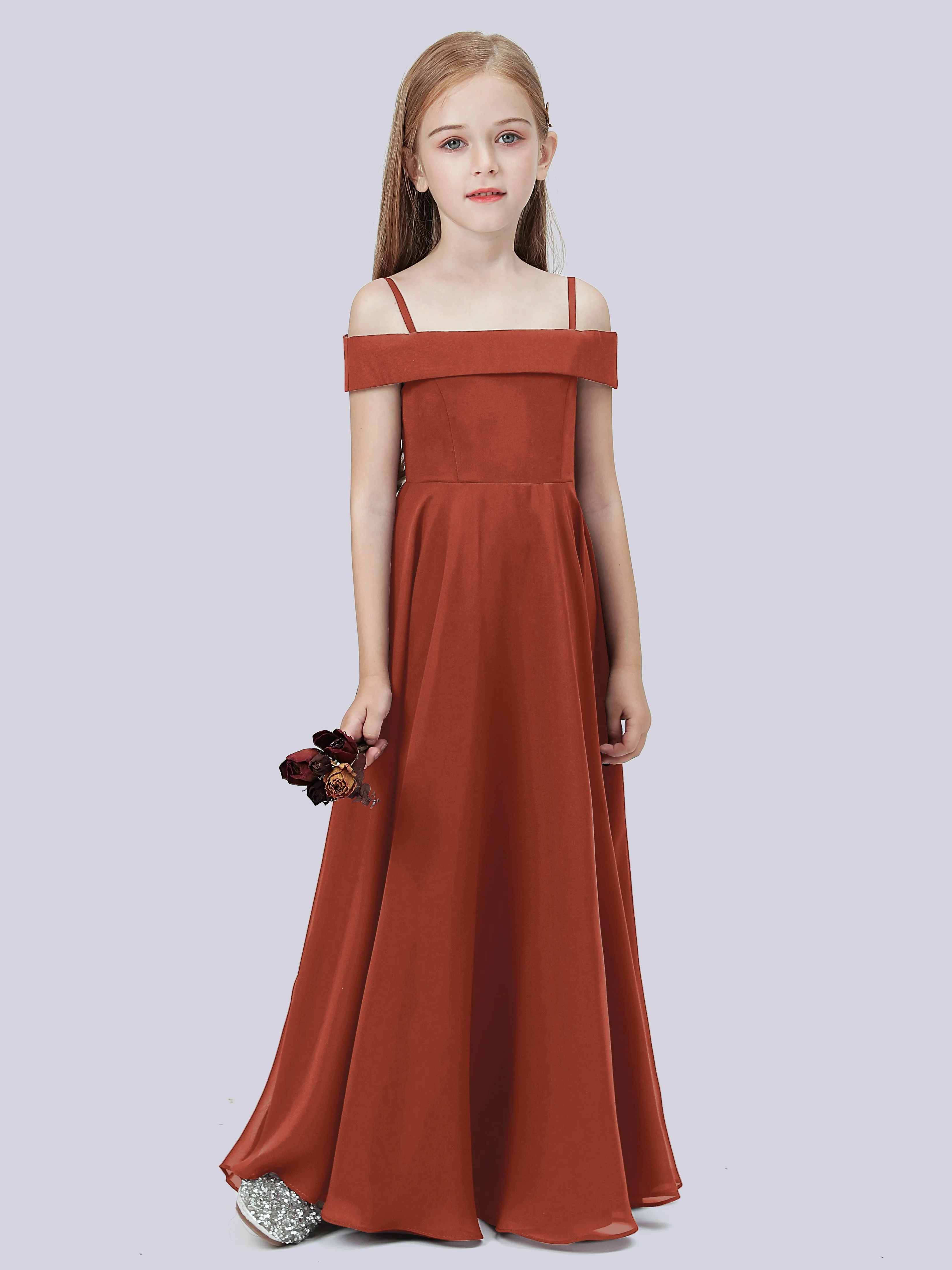 Off Shoulder Stretch Chiffon Junior Bridesmaid Dress