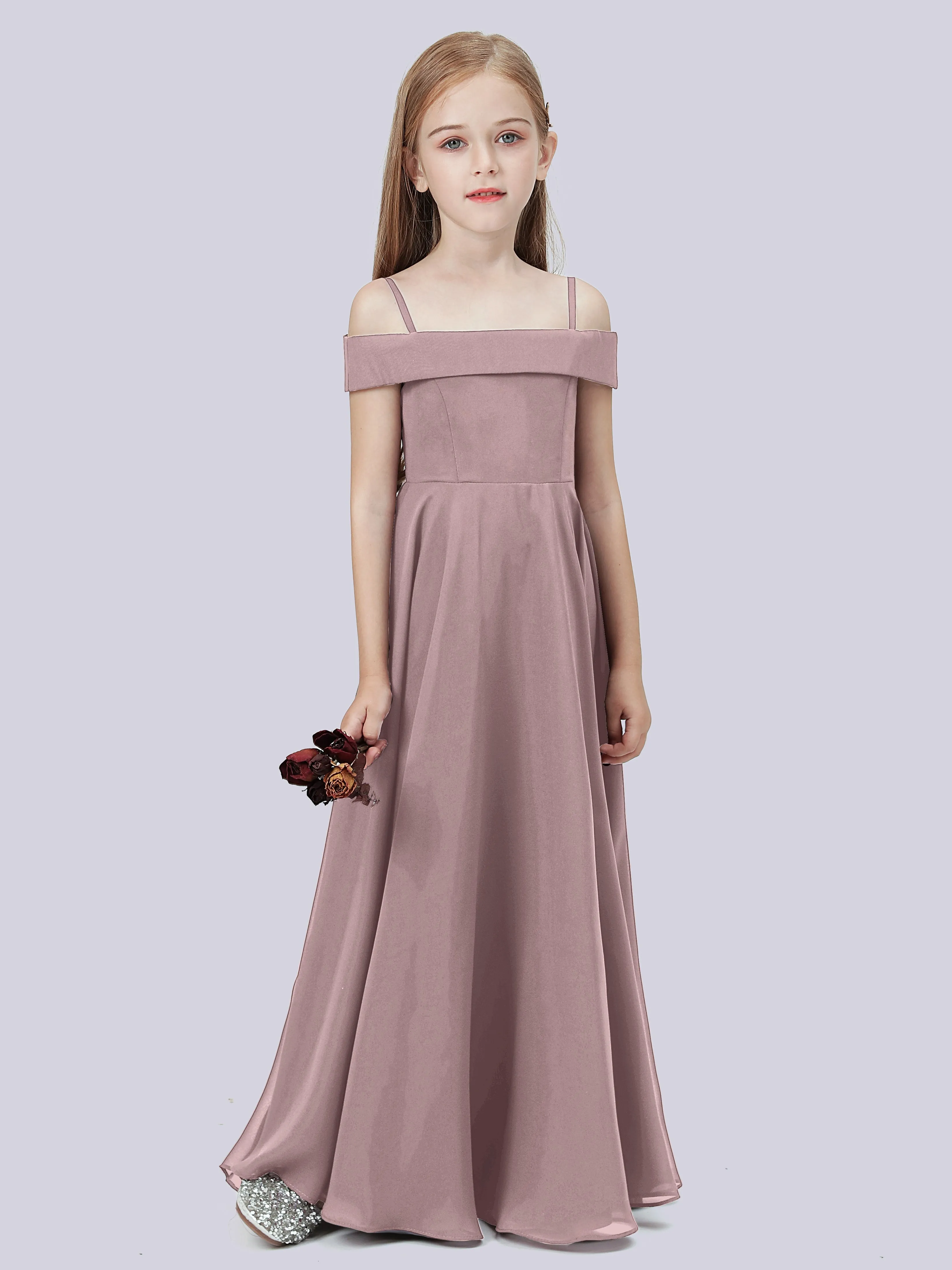 Off Shoulder Stretch Chiffon Junior Bridesmaid Dress