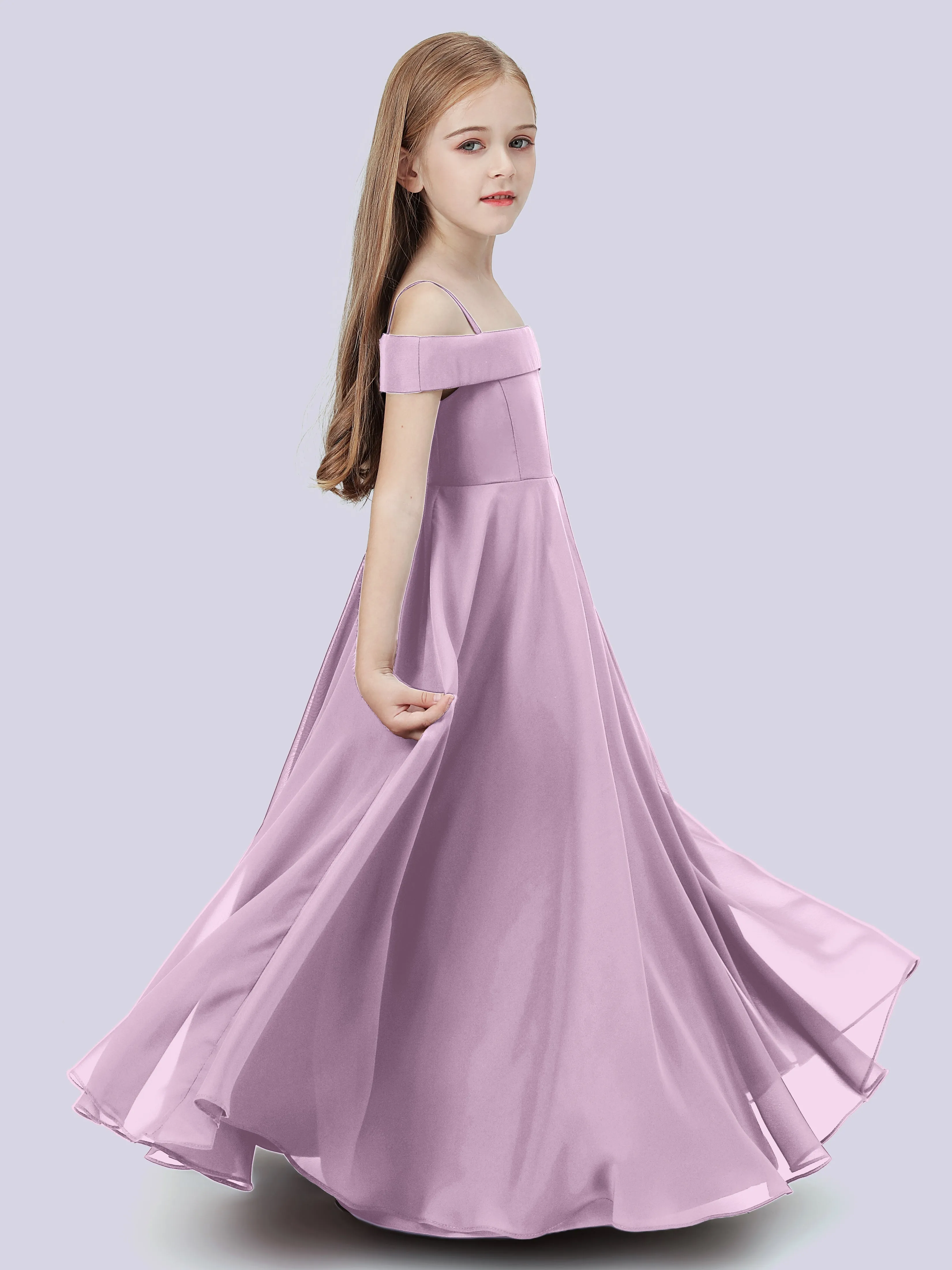 Off Shoulder Stretch Chiffon Junior Bridesmaid Dress