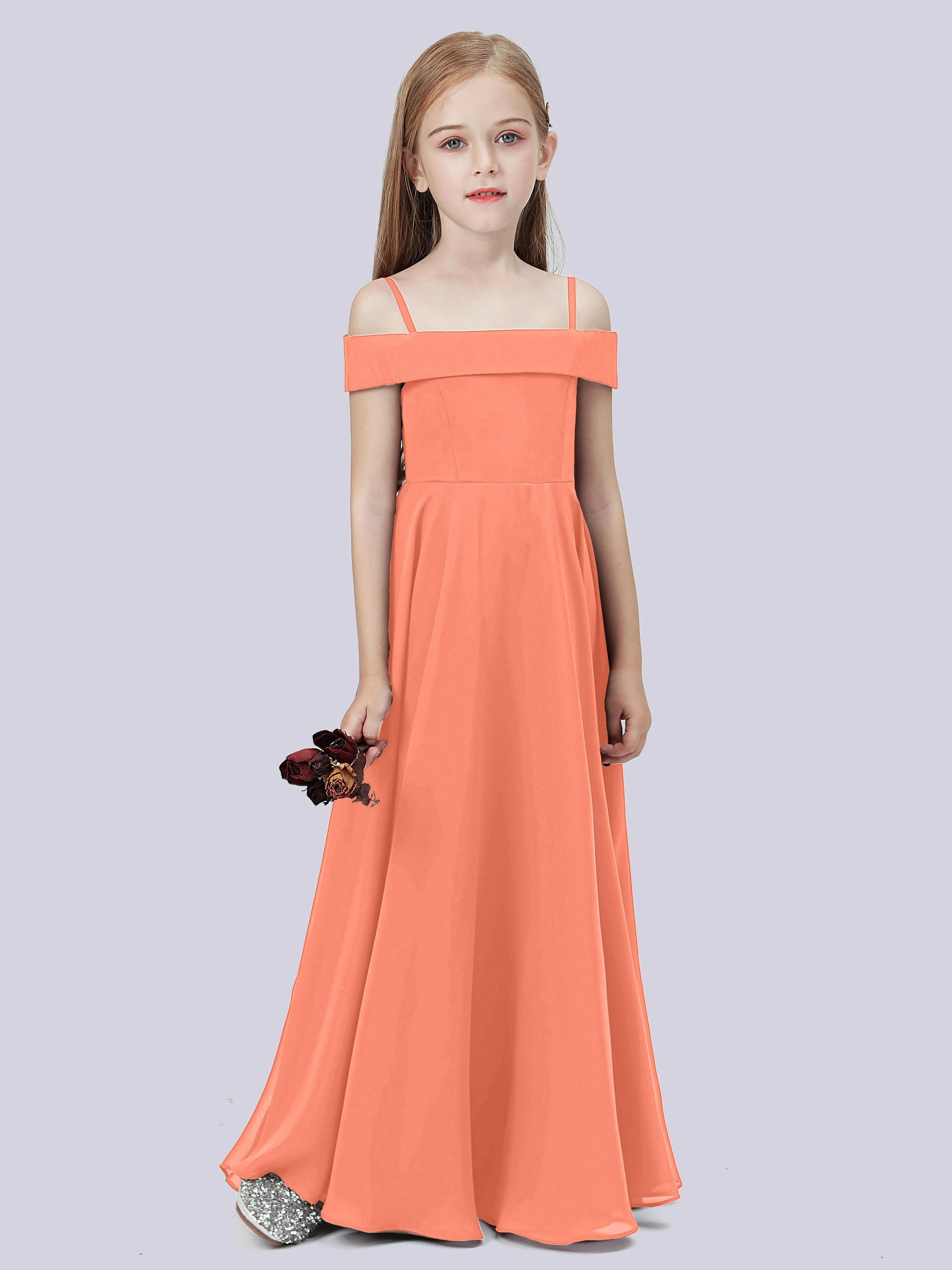 Off Shoulder Stretch Chiffon Junior Bridesmaid Dress
