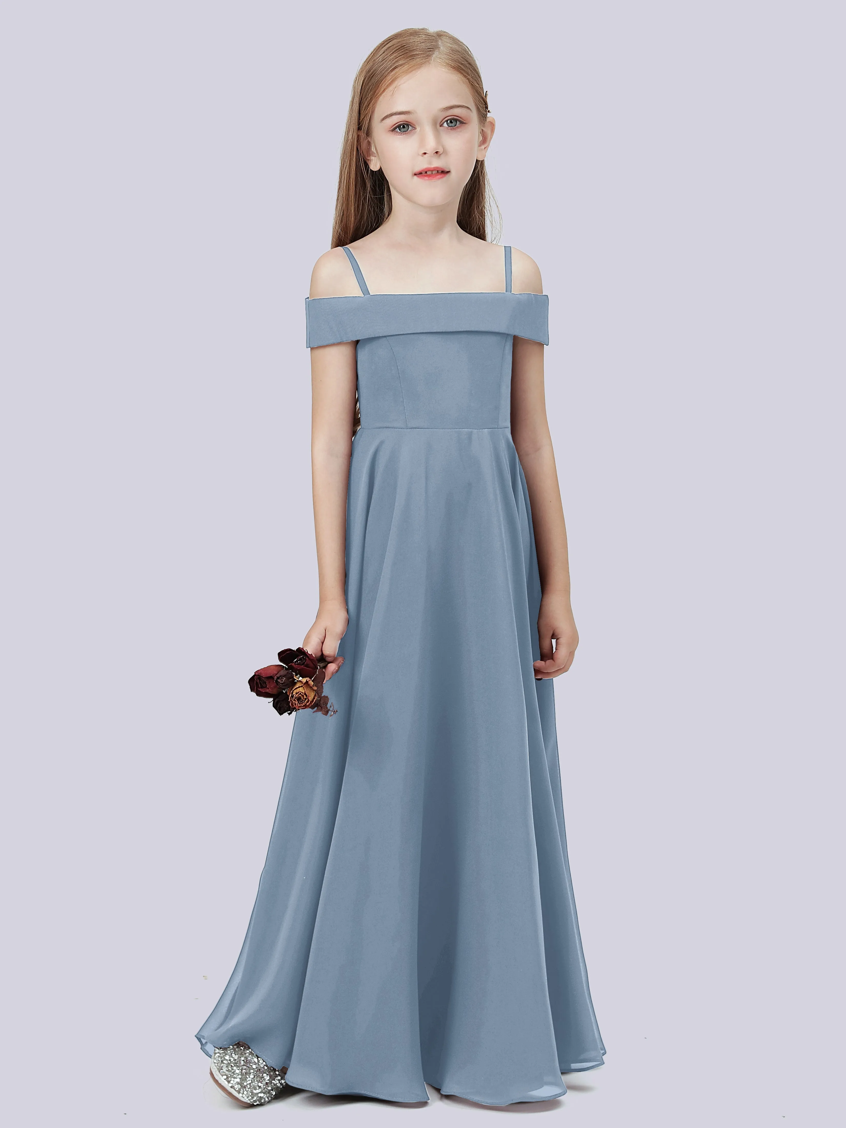 Off Shoulder Stretch Chiffon Junior Bridesmaid Dress