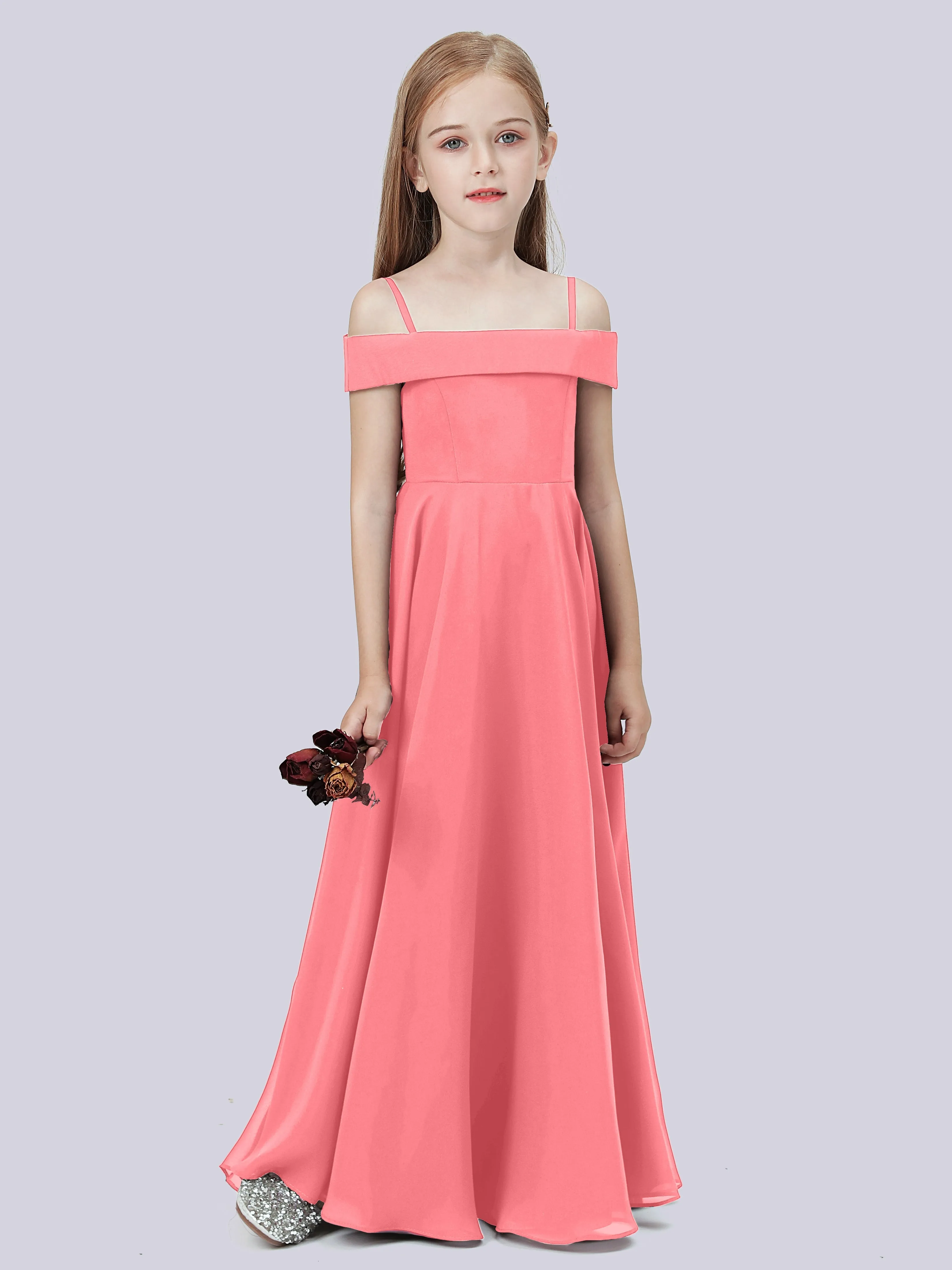 Off Shoulder Stretch Chiffon Junior Bridesmaid Dress