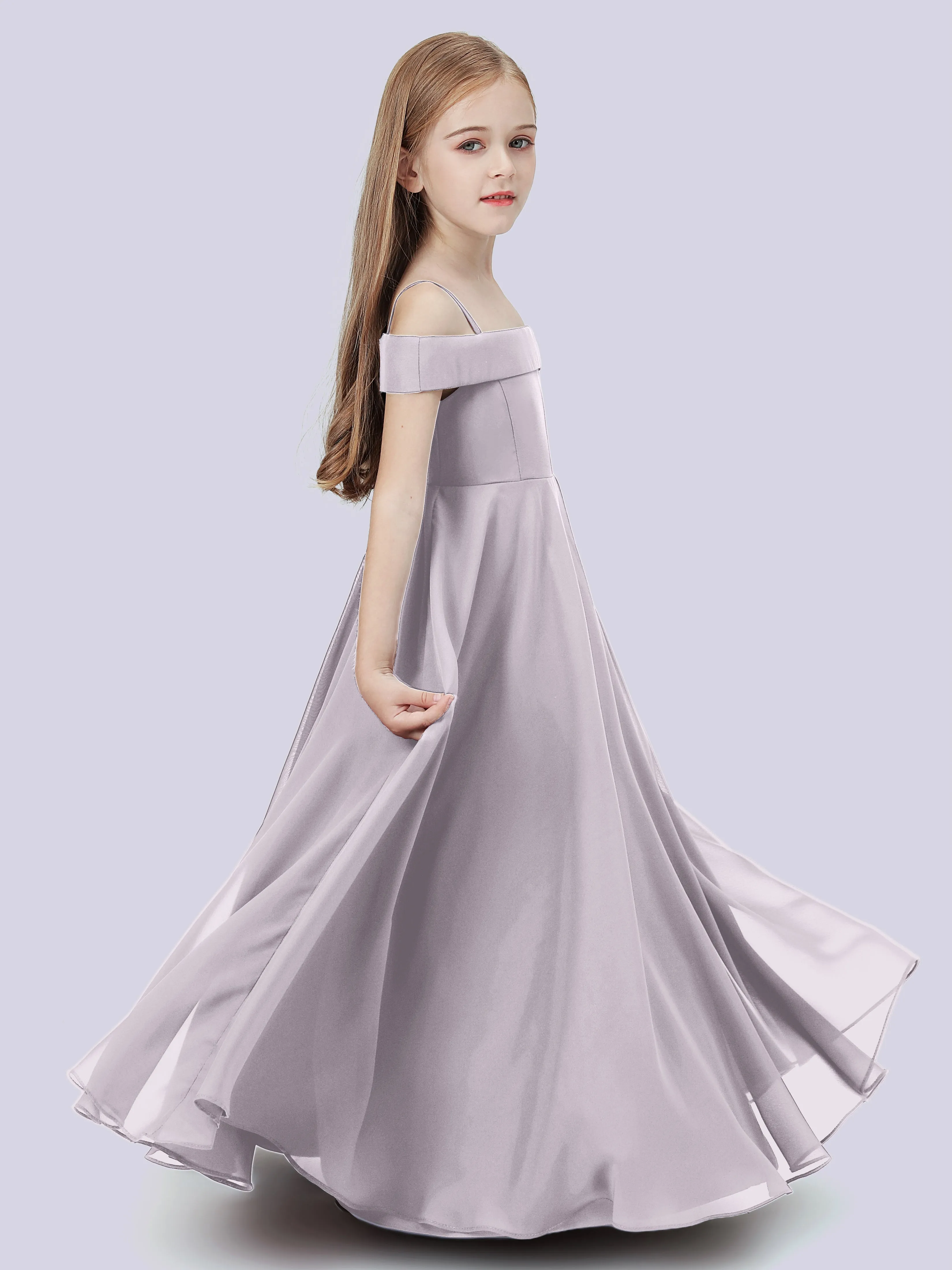 Off Shoulder Stretch Chiffon Junior Bridesmaid Dress