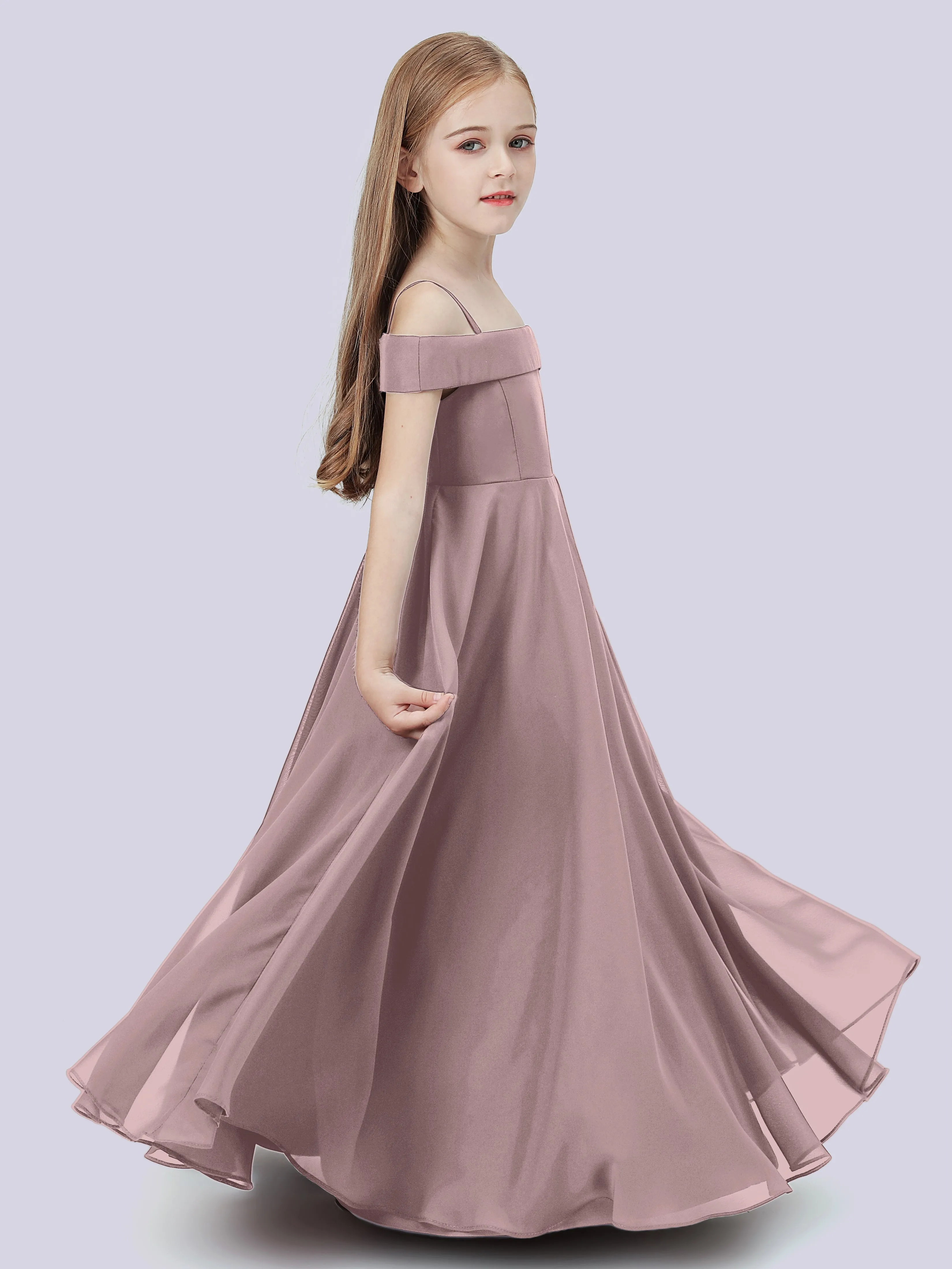 Off Shoulder Stretch Chiffon Junior Bridesmaid Dress