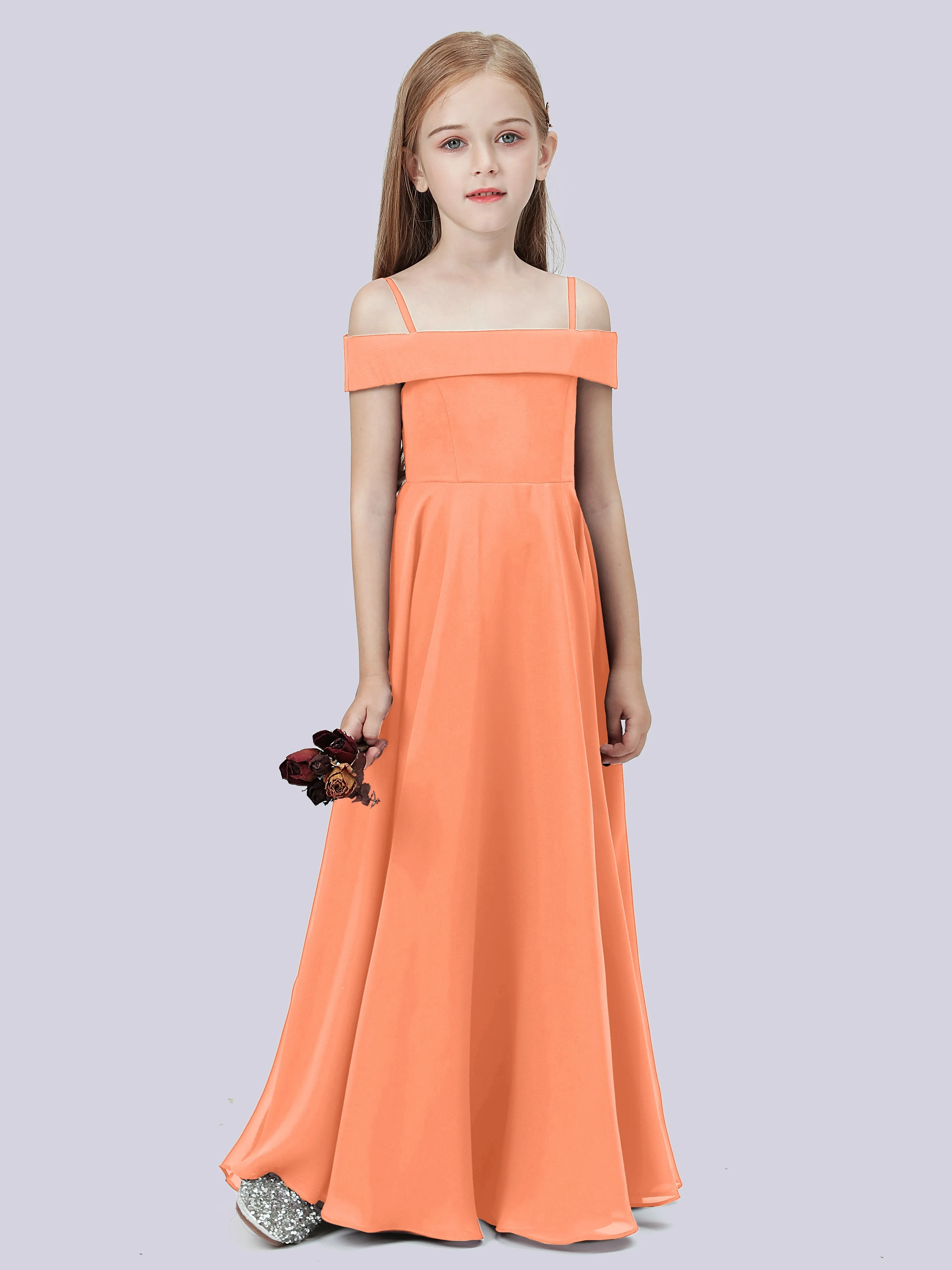 Off Shoulder Stretch Chiffon Junior Bridesmaid Dress