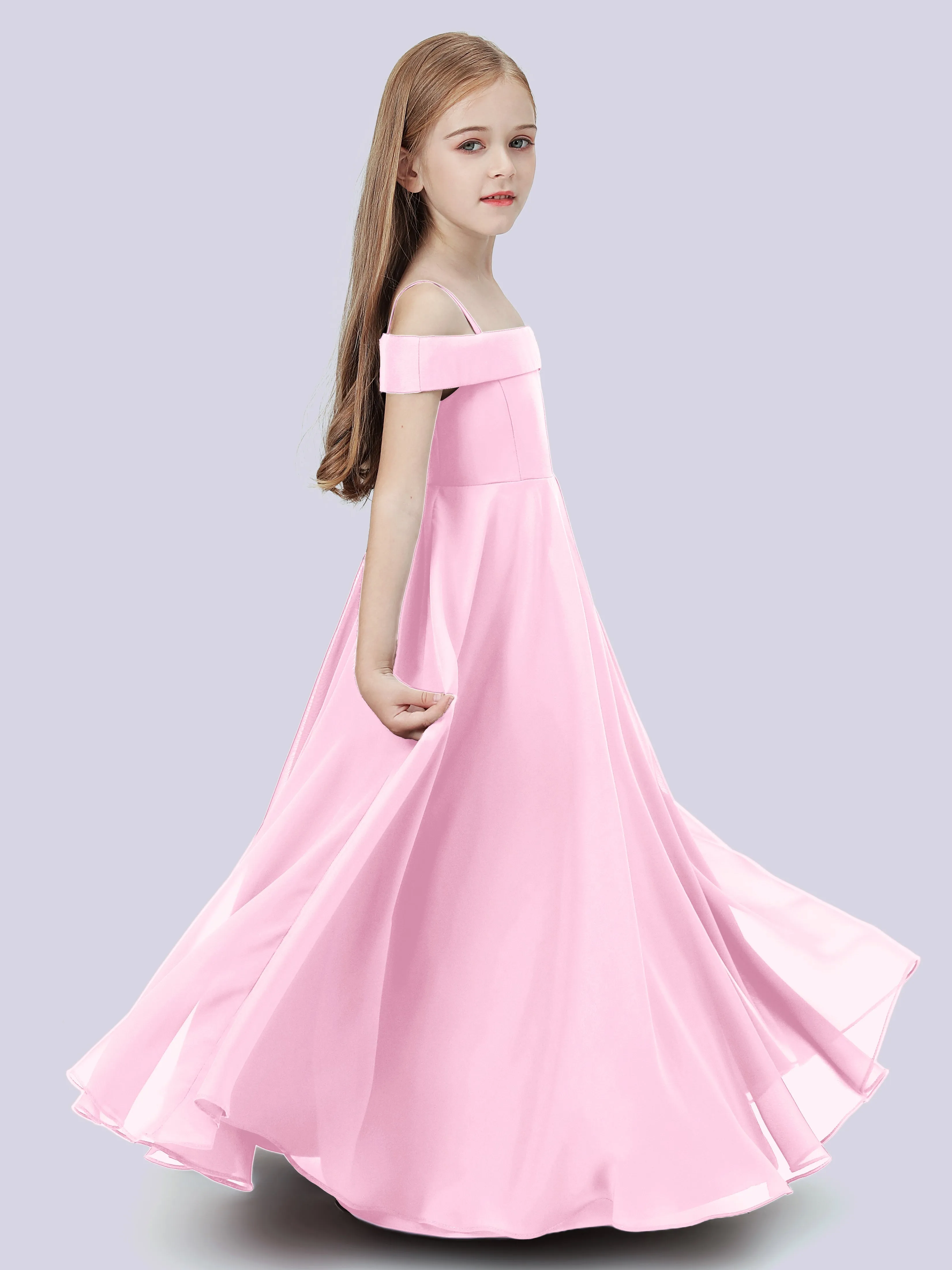 Off Shoulder Stretch Chiffon Junior Bridesmaid Dress