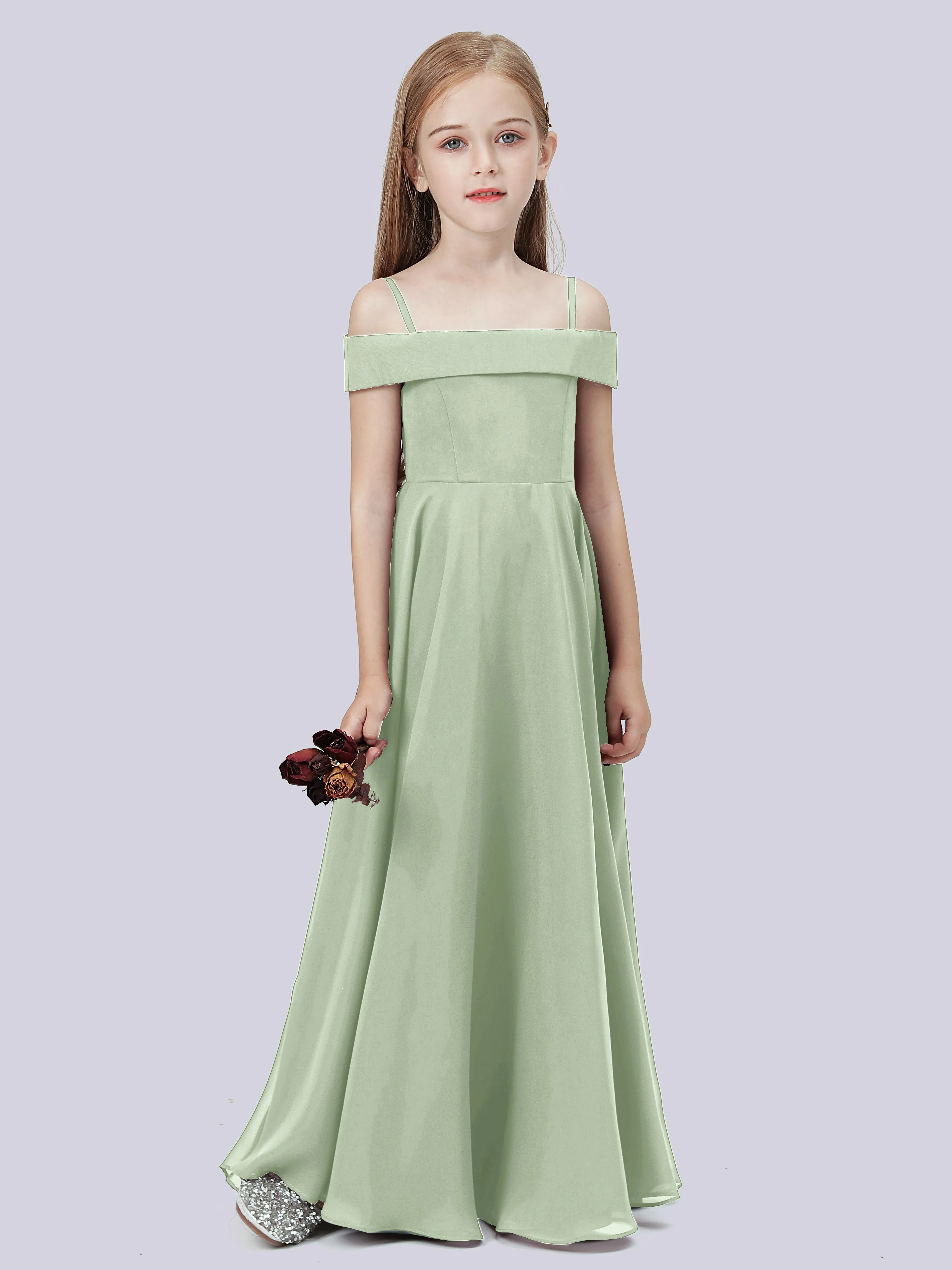 Off Shoulder Stretch Chiffon Junior Bridesmaid Dress