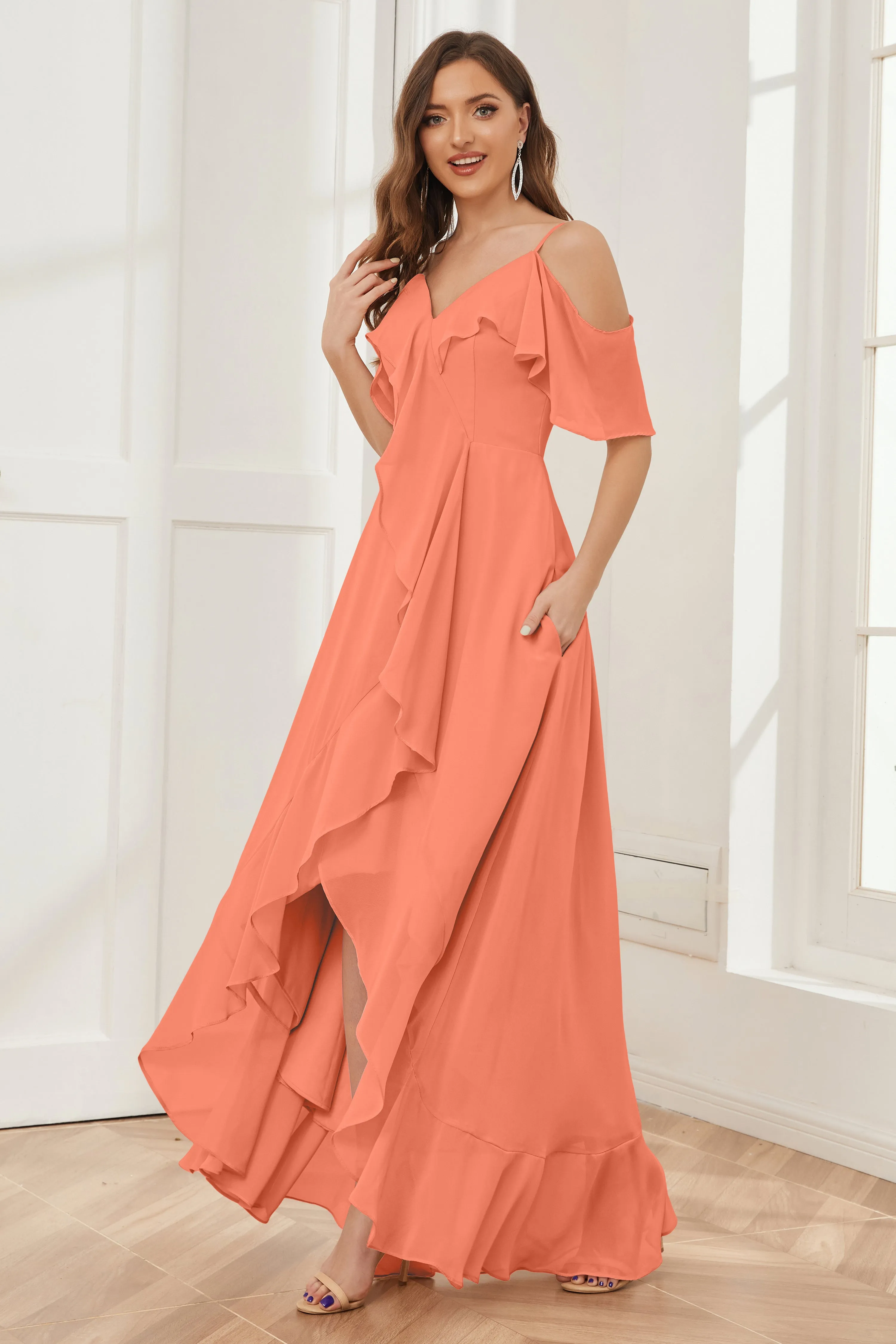 Off the Shoulder Ruffles High Low Bridesmaid Dresses