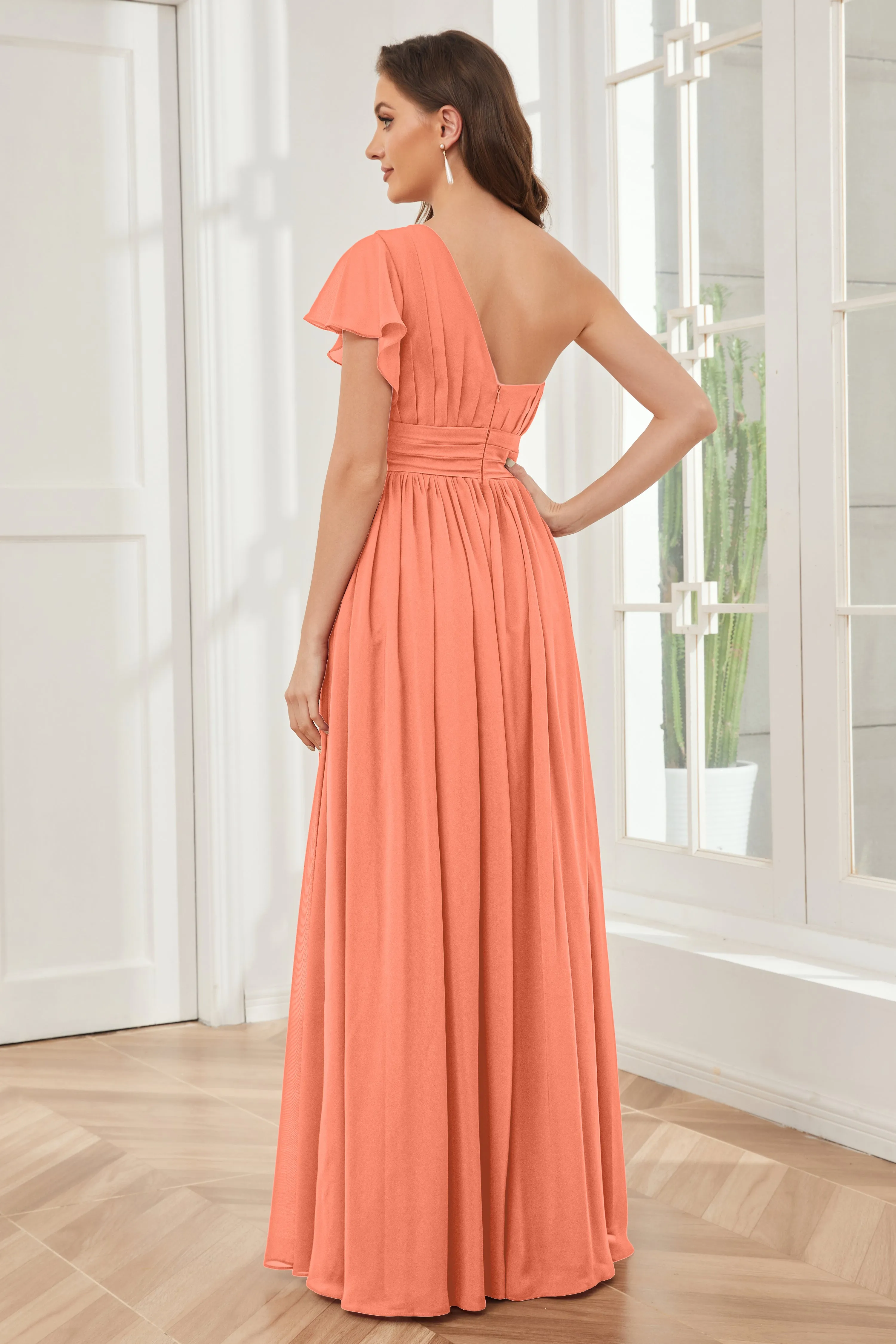 One Shoulder Chiffon Long Bridesmaid Dresses
