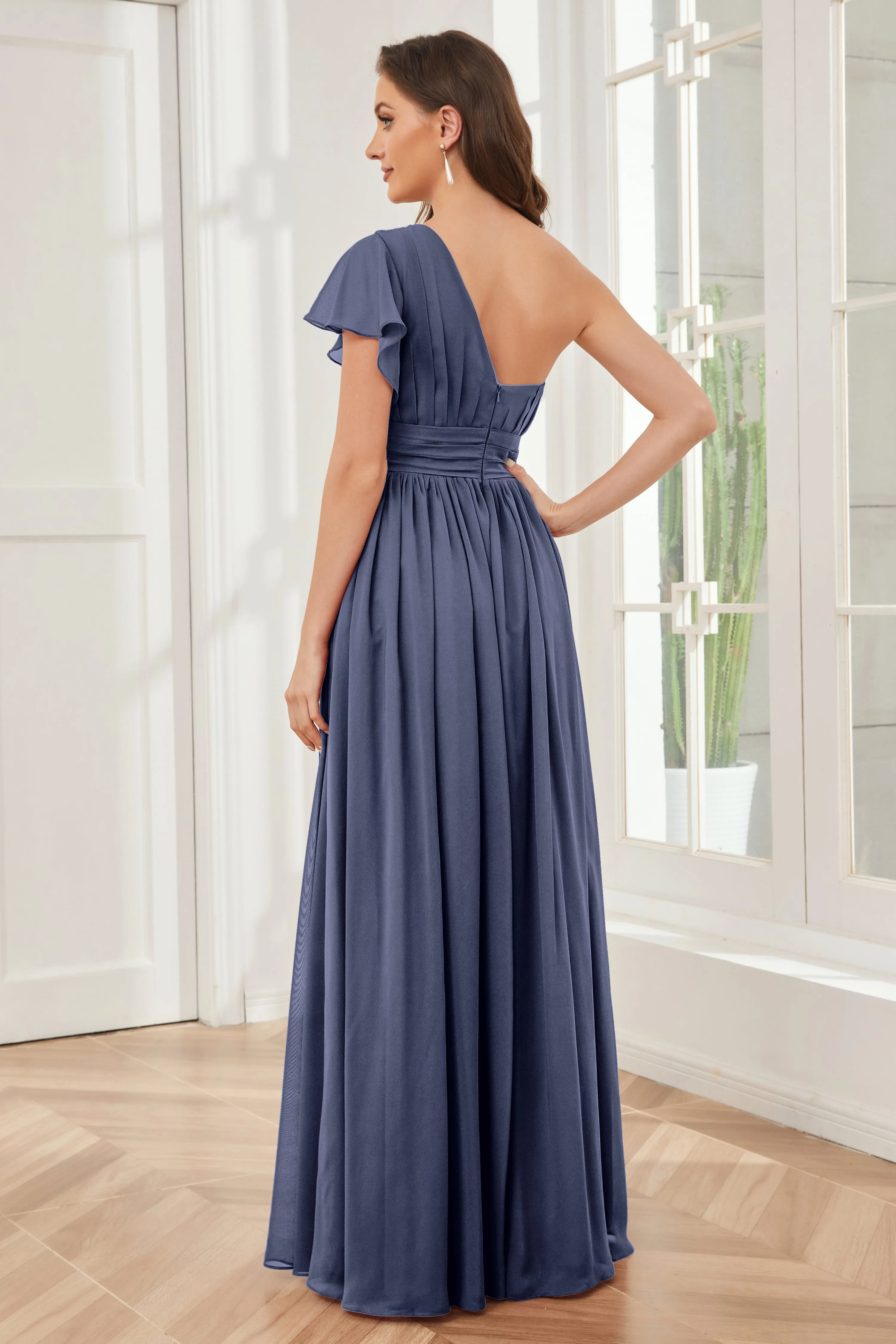 One Shoulder Chiffon Long Bridesmaid Dresses