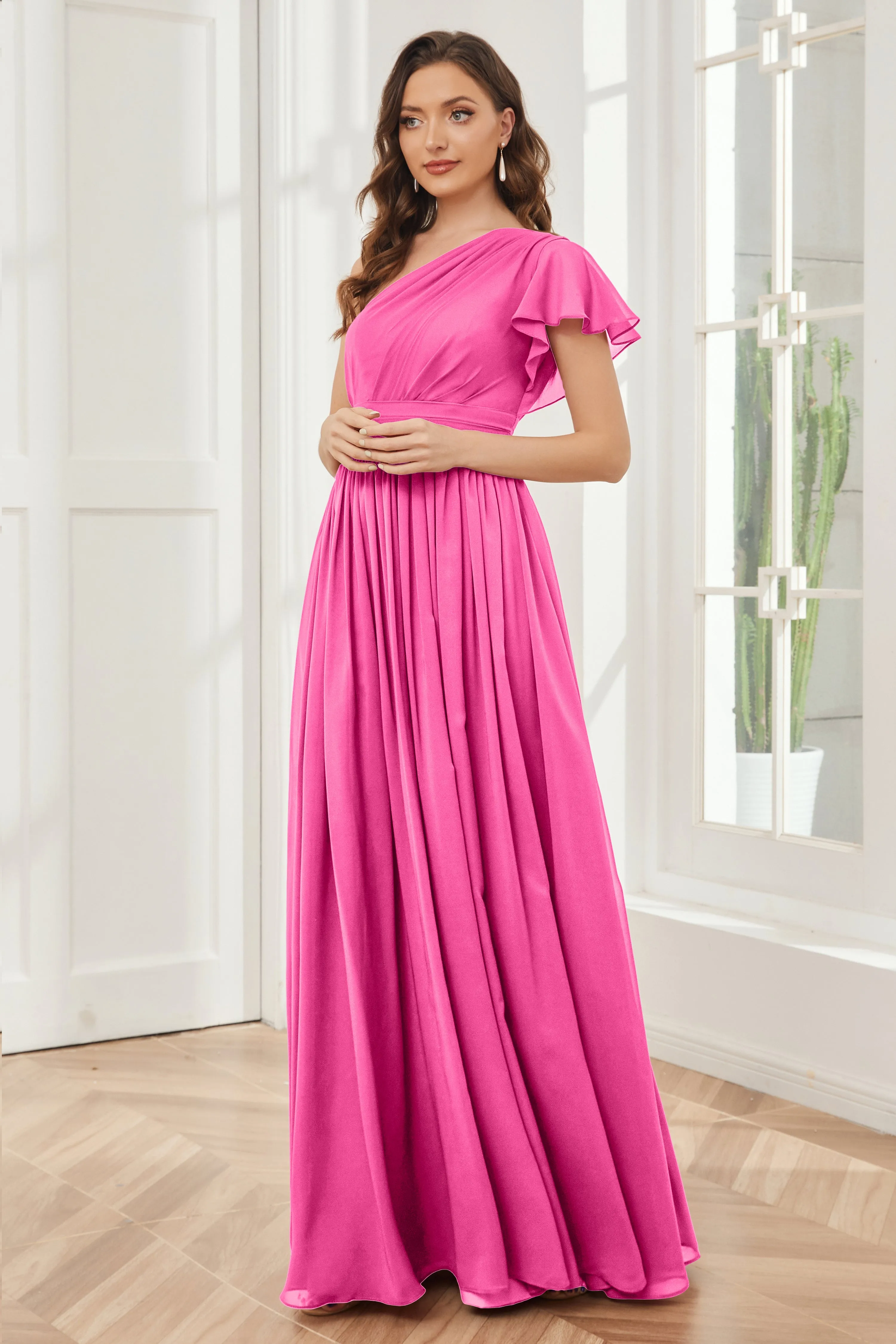 One Shoulder Chiffon Long Bridesmaid Dresses