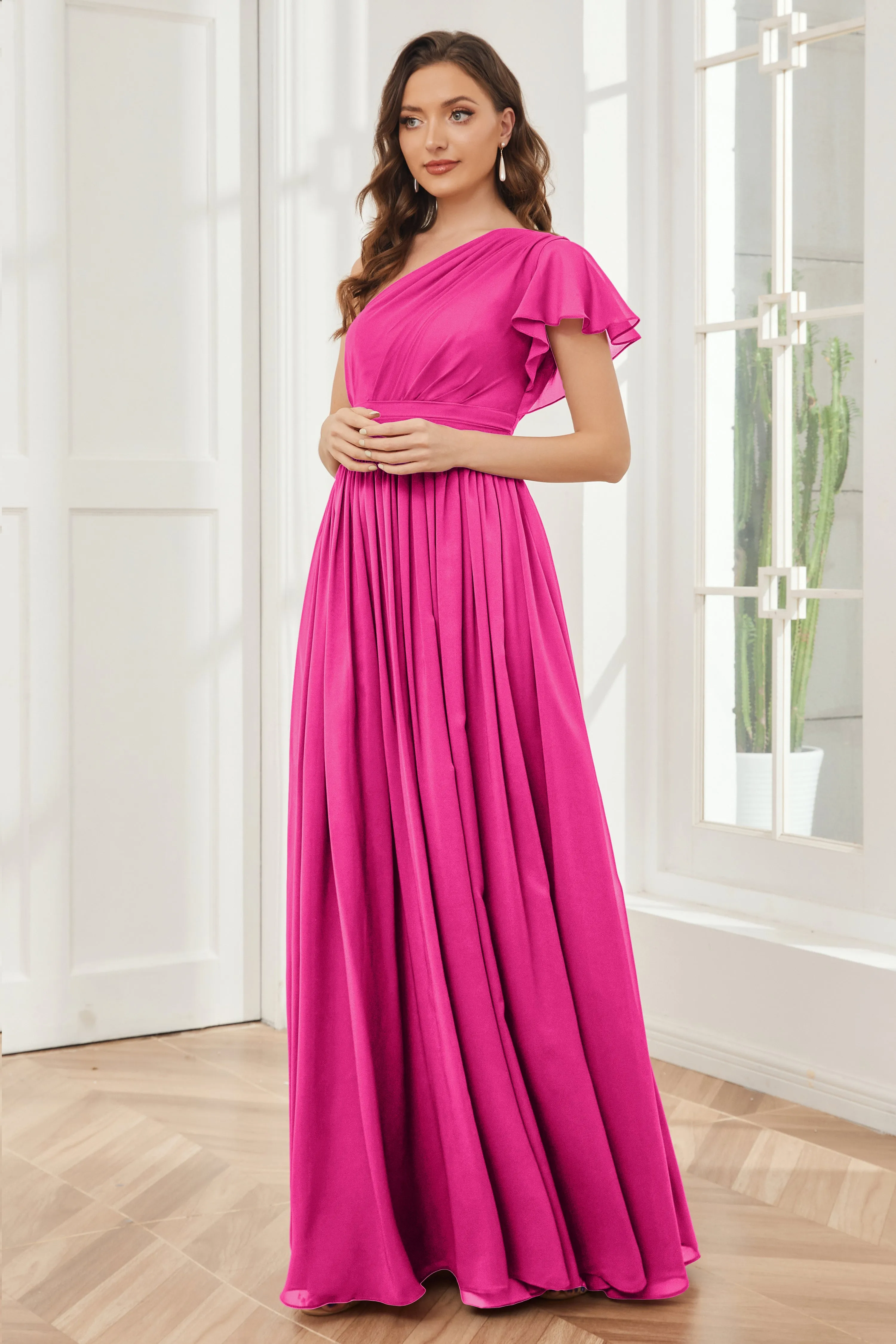 One Shoulder Chiffon Long Bridesmaid Dresses