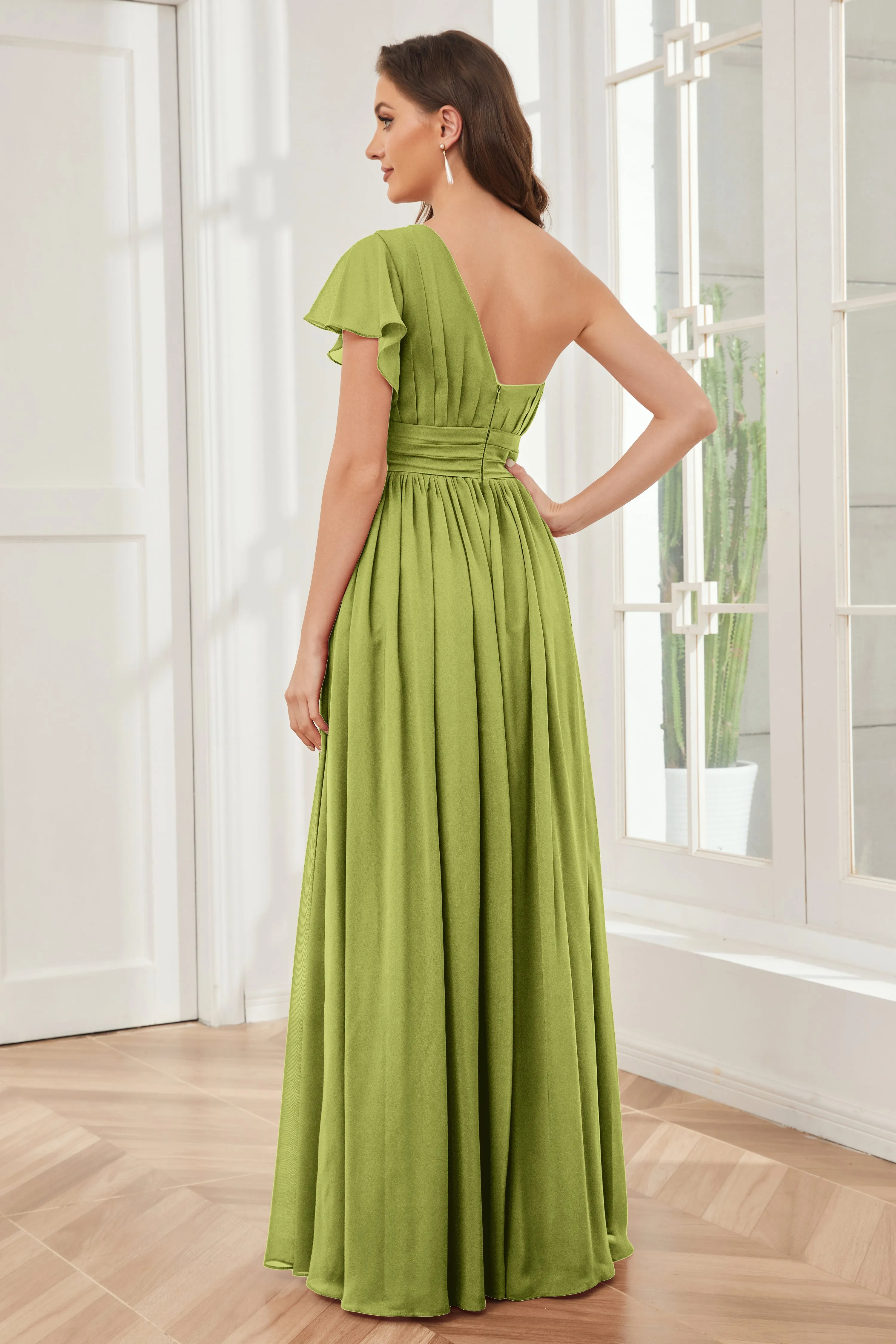 One Shoulder Chiffon Long Bridesmaid Dresses