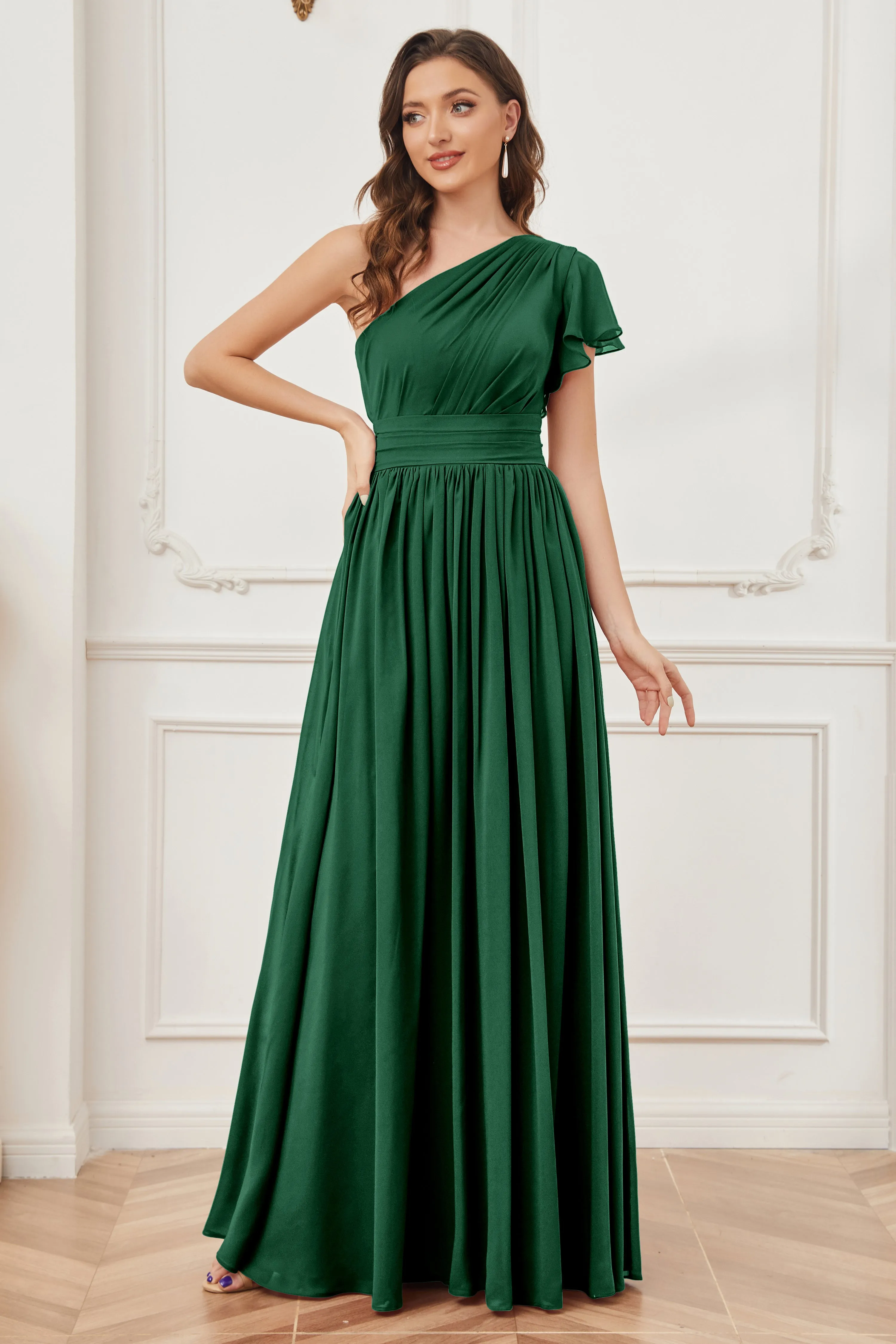 One Shoulder Chiffon Long Bridesmaid Dresses