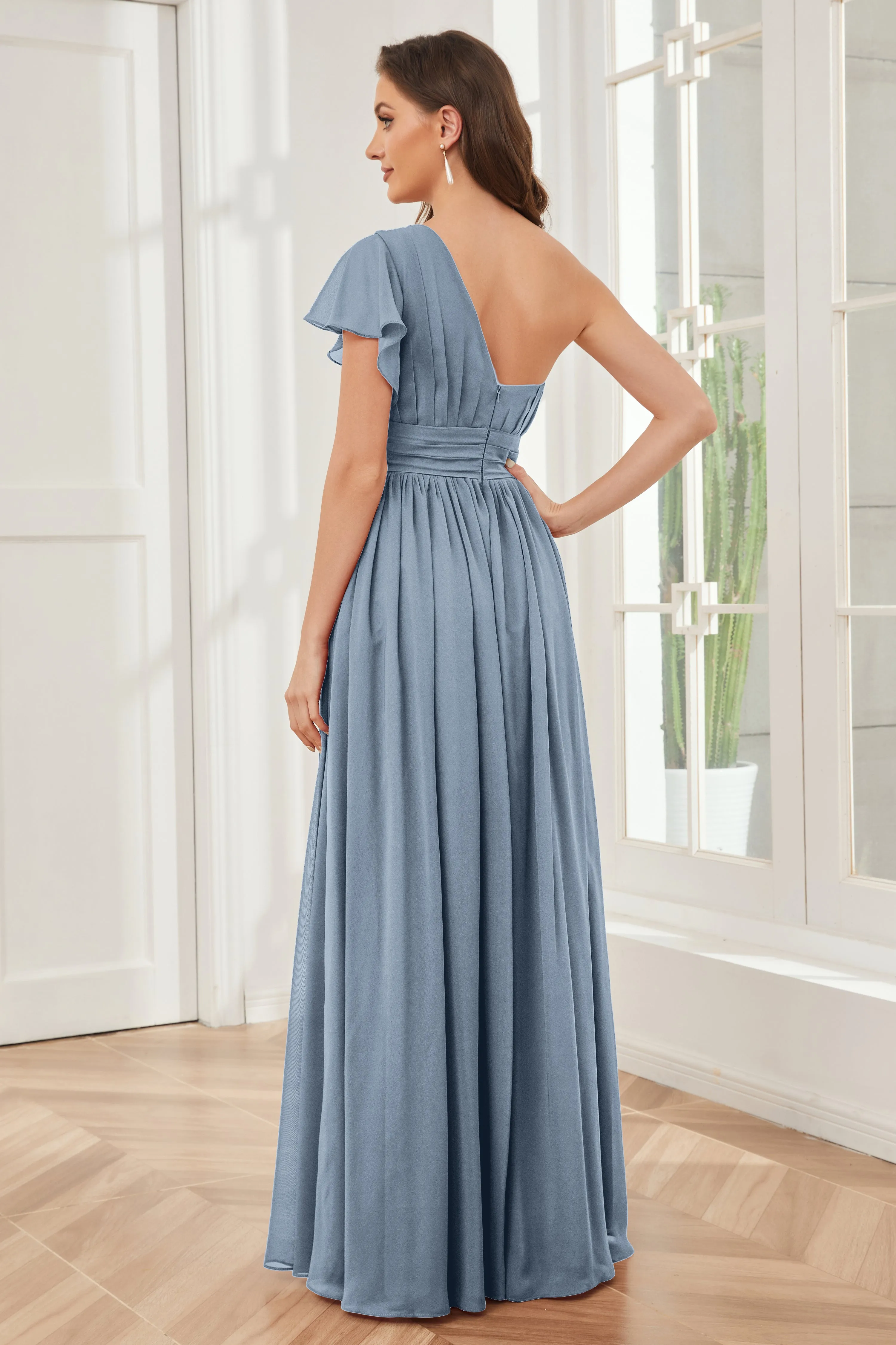 One Shoulder Chiffon Long Bridesmaid Dresses