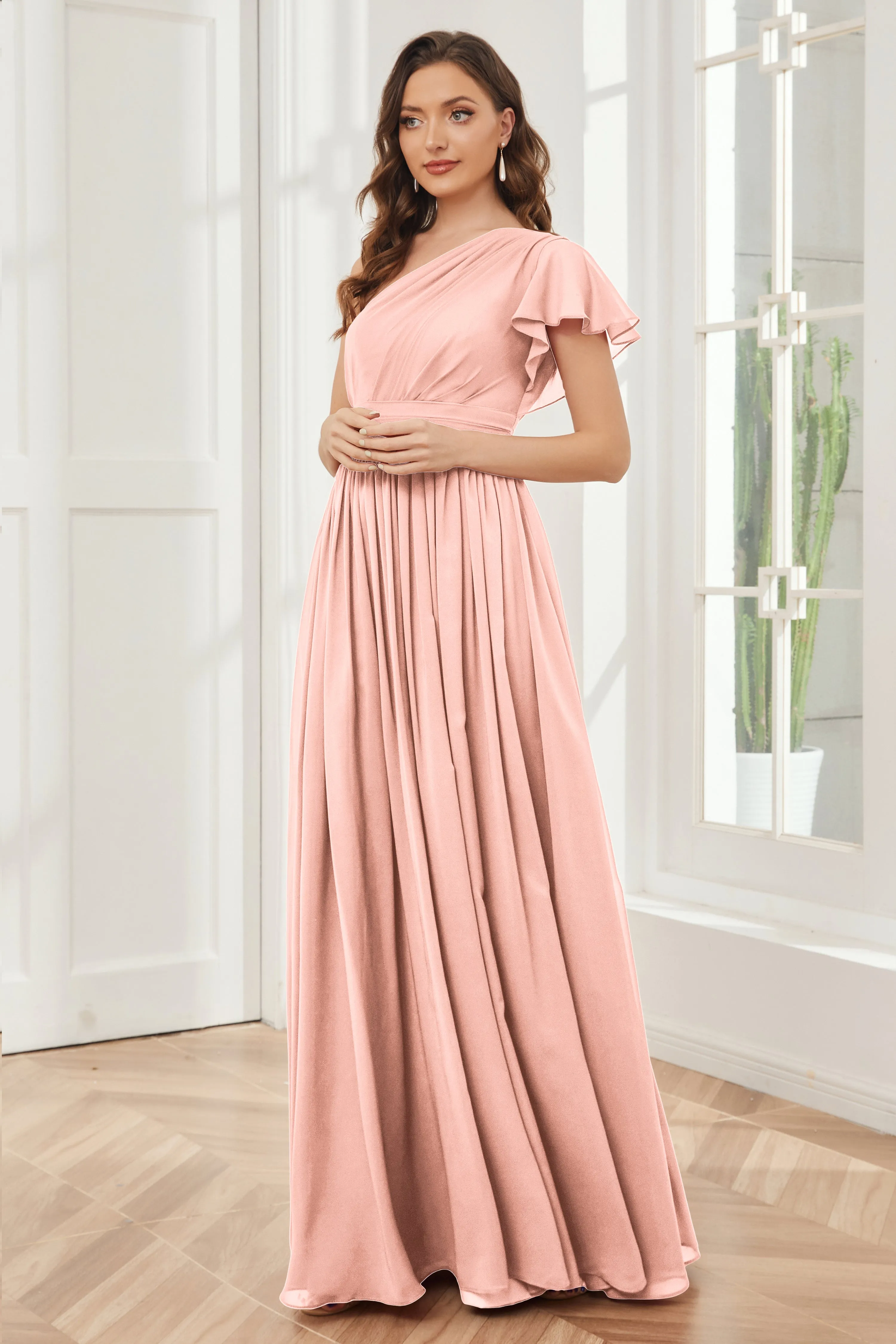 One Shoulder Chiffon Long Bridesmaid Dresses