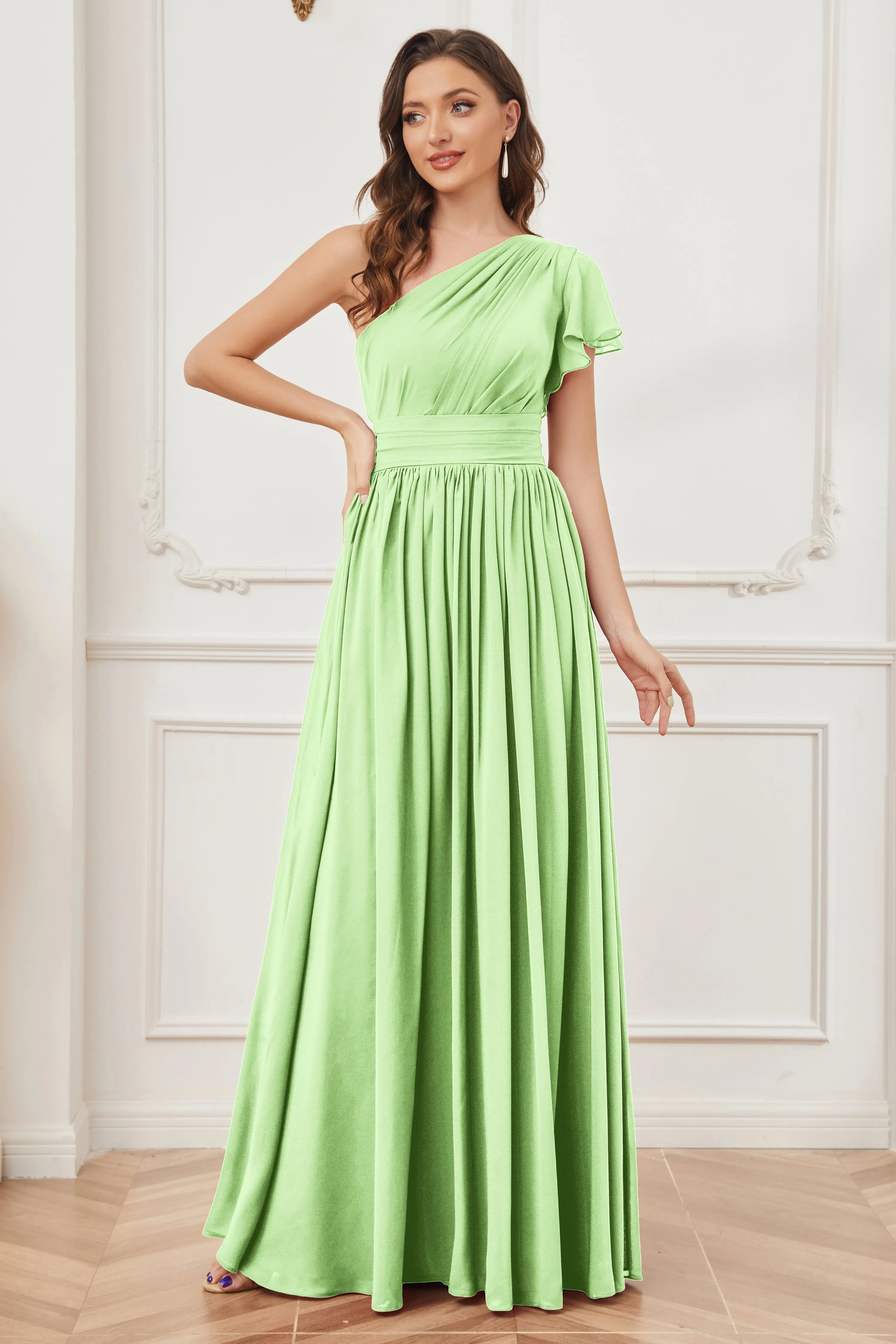 One Shoulder Chiffon Long Bridesmaid Dresses