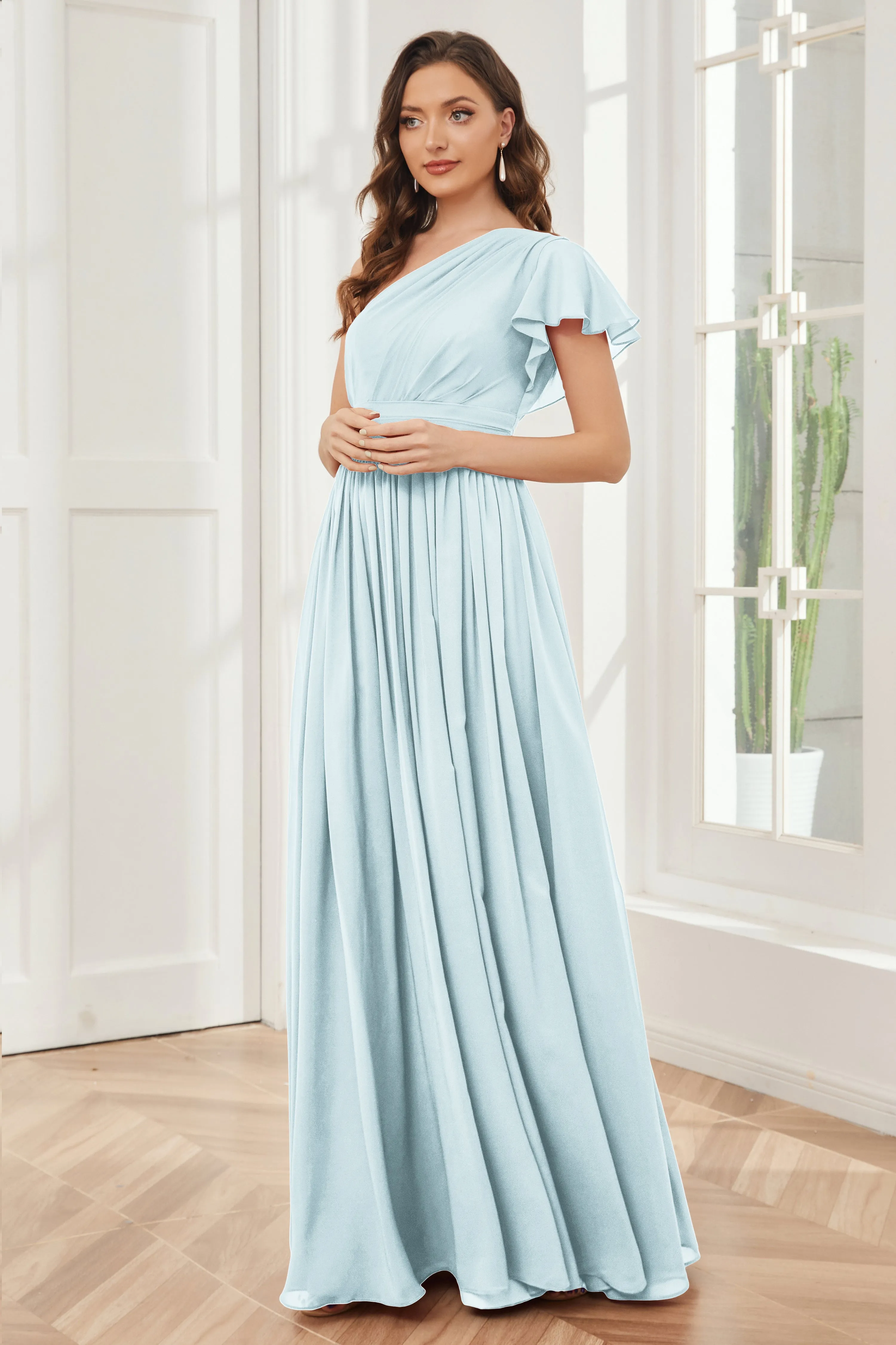 One Shoulder Chiffon Long Bridesmaid Dresses