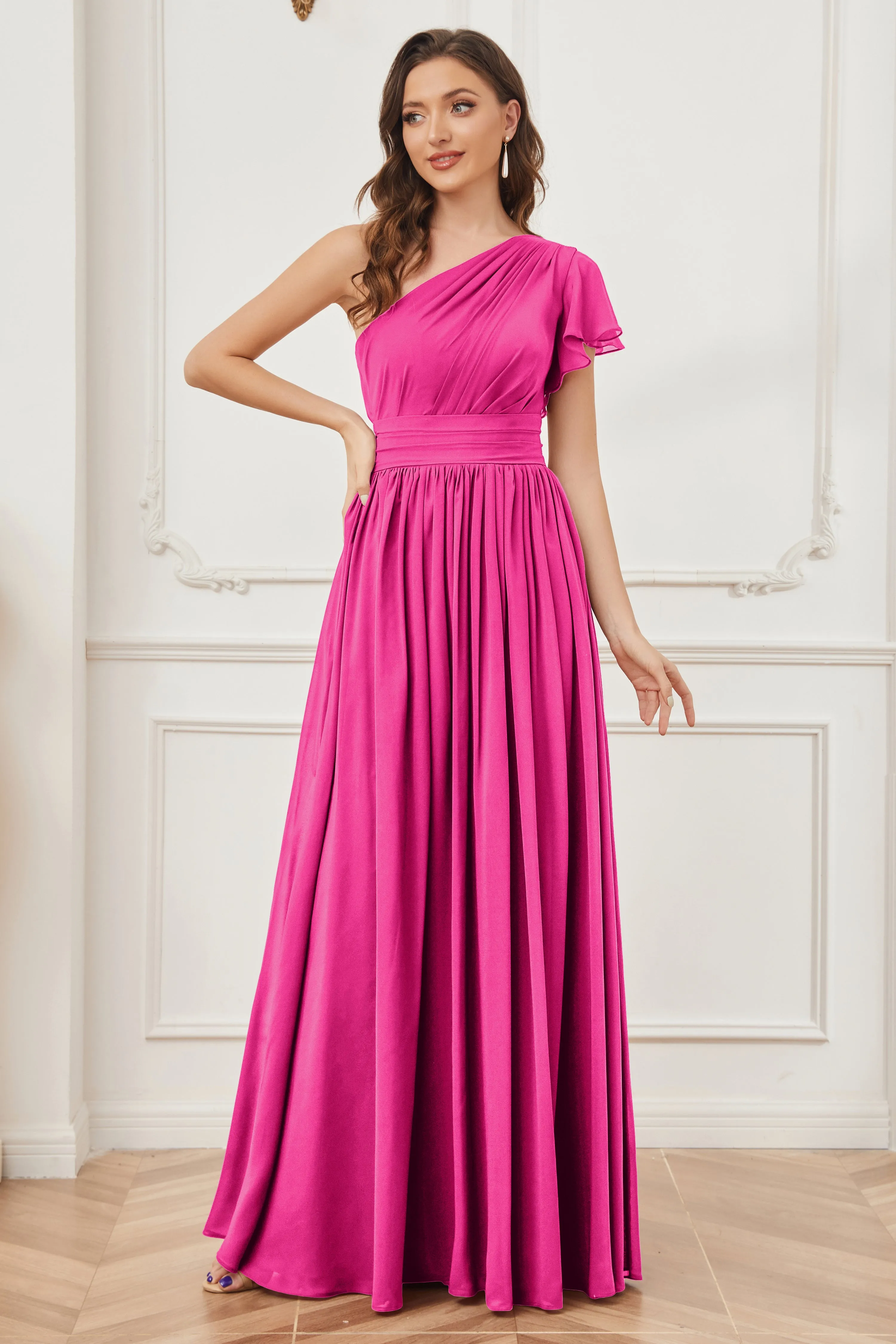 One Shoulder Chiffon Long Bridesmaid Dresses