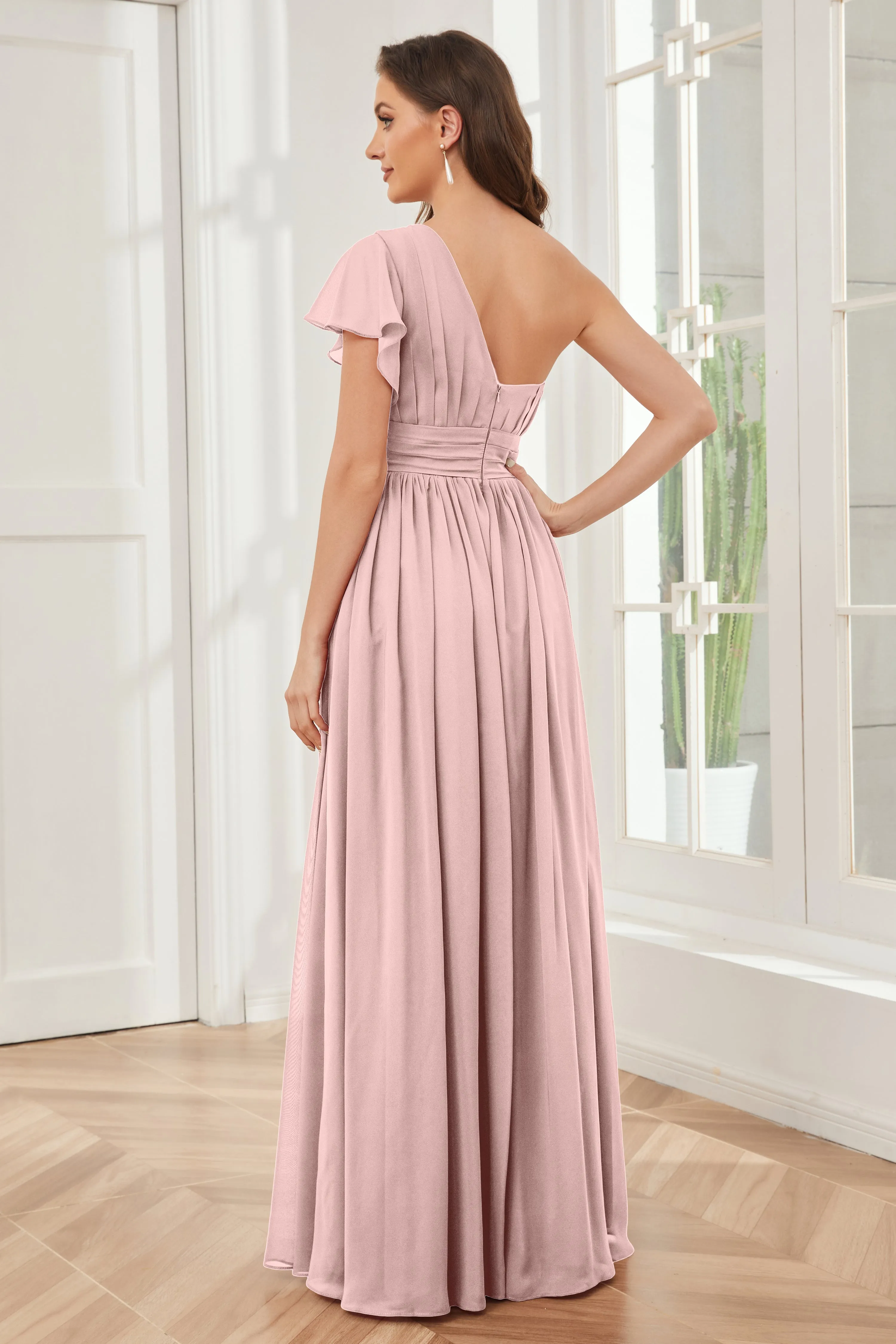 One Shoulder Chiffon Long Bridesmaid Dresses
