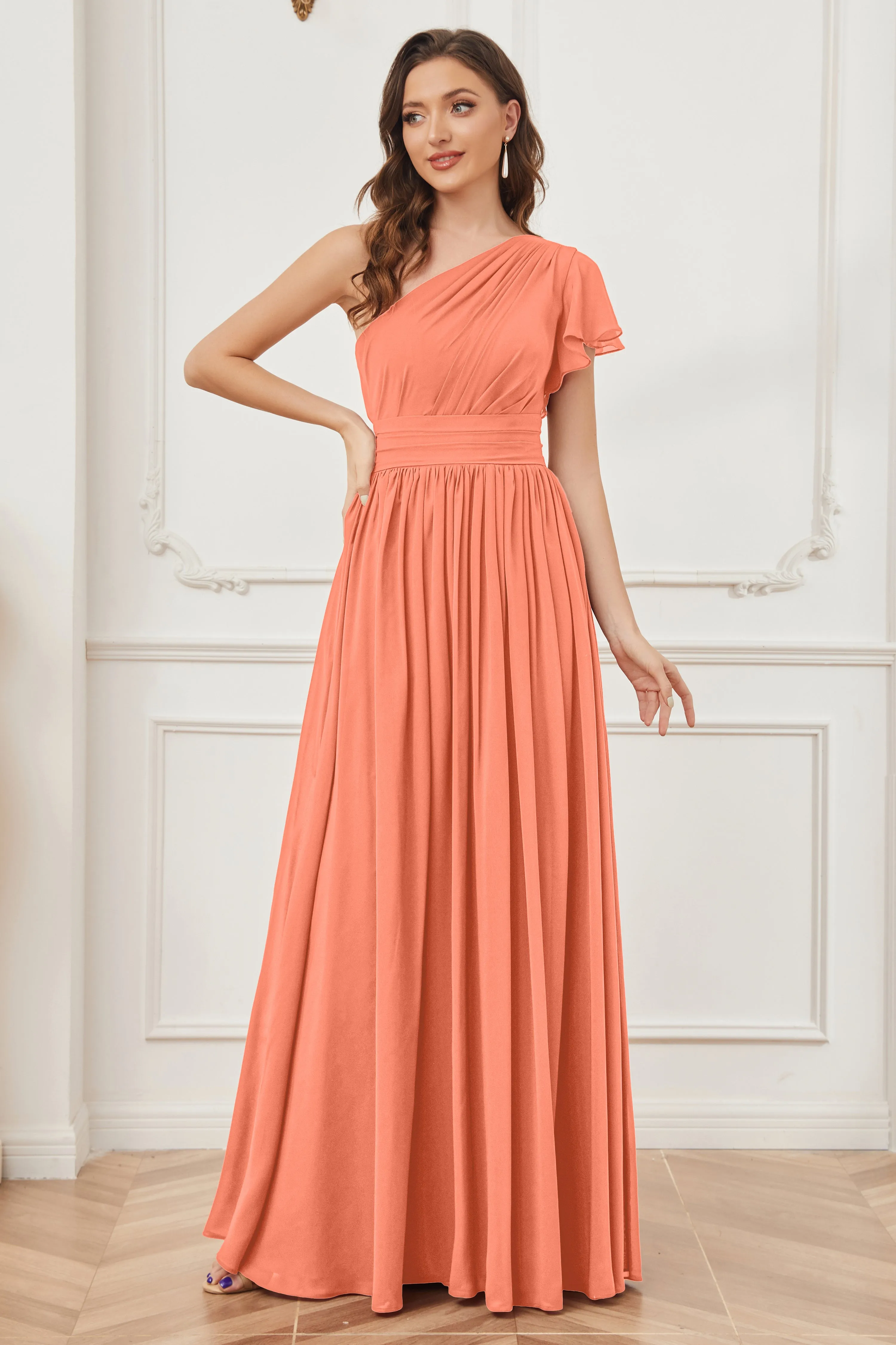 One Shoulder Chiffon Long Bridesmaid Dresses