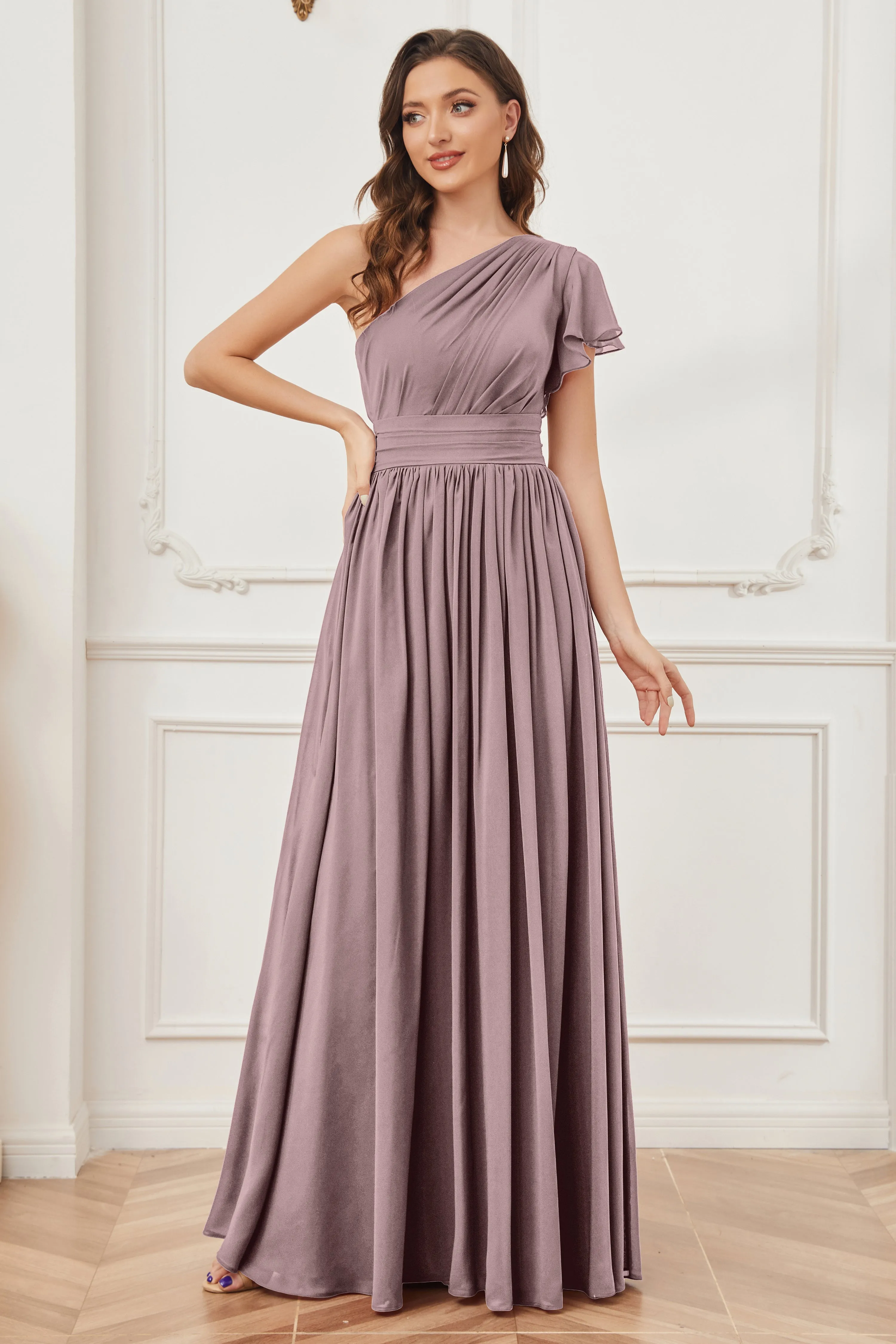 One Shoulder Chiffon Long Bridesmaid Dresses